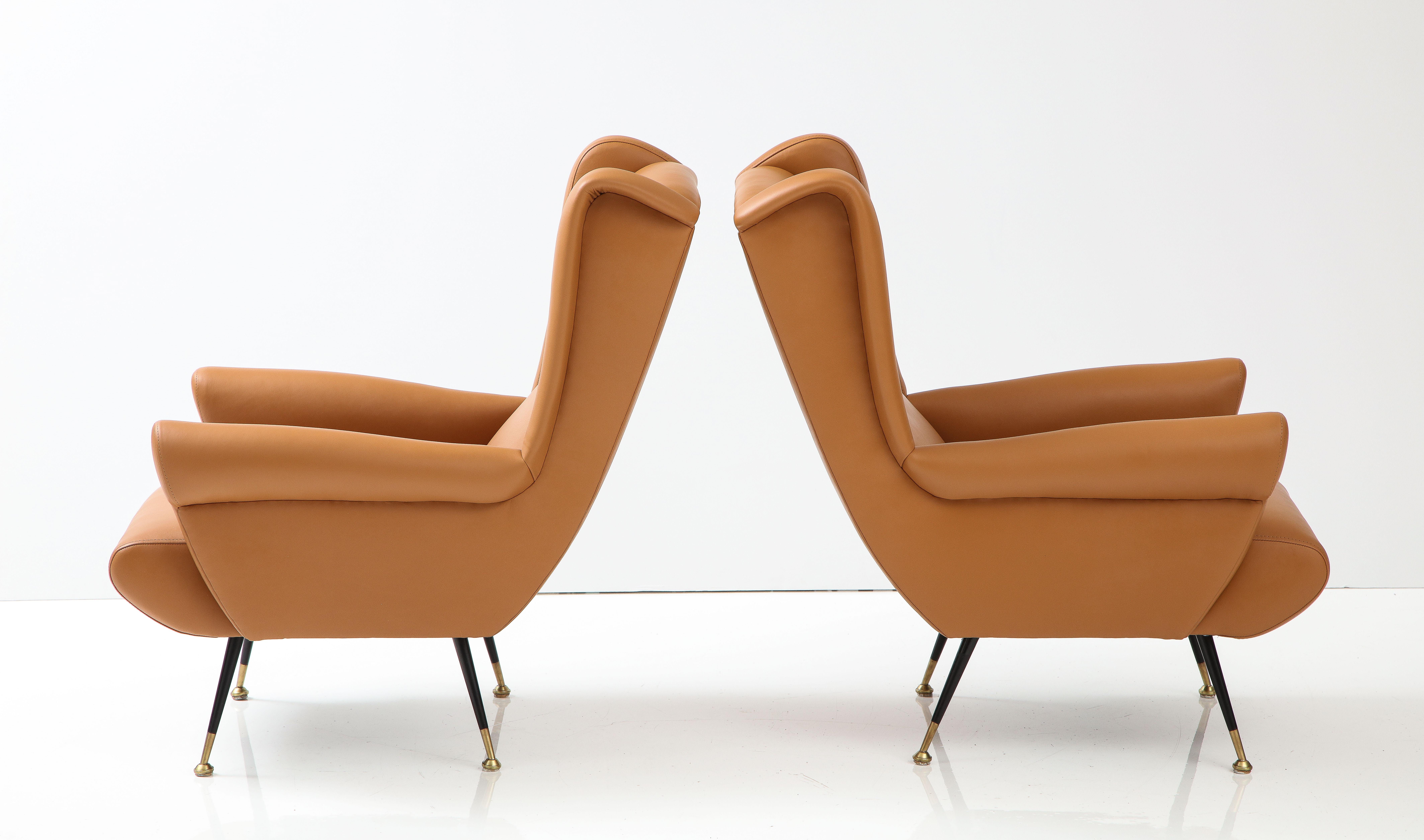 Pair of Italian 1950's Leather High Back Wing / Lounge Chairs For Sale 5