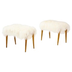 Pair of Italian 1950's Maple Wood Stools/Benches with Mongolian Sheepskin