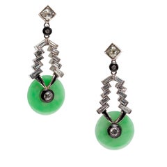 Pair of Italian 1950s Natural Jadeite Jade and Diamond Earrings in Platinum