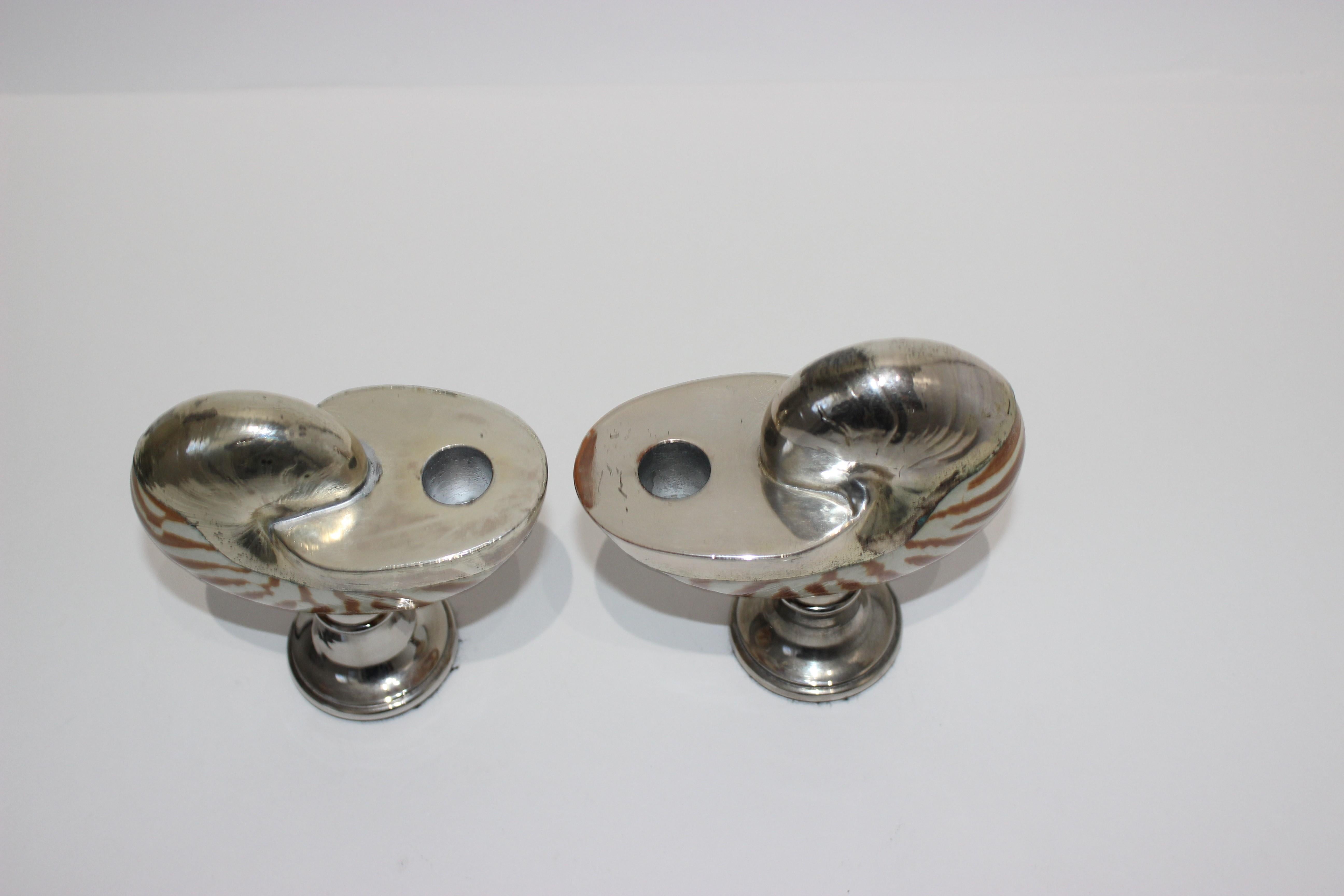 Rare and chic Italian 1950s Nautilus silver plated candleholders - a pair, acquired from a Palm Beach estate collection.

They are well matched but as very vintage natural specimens, vary slightly in size.

Measures: Larger: 5 1/2 high, 5 wide,