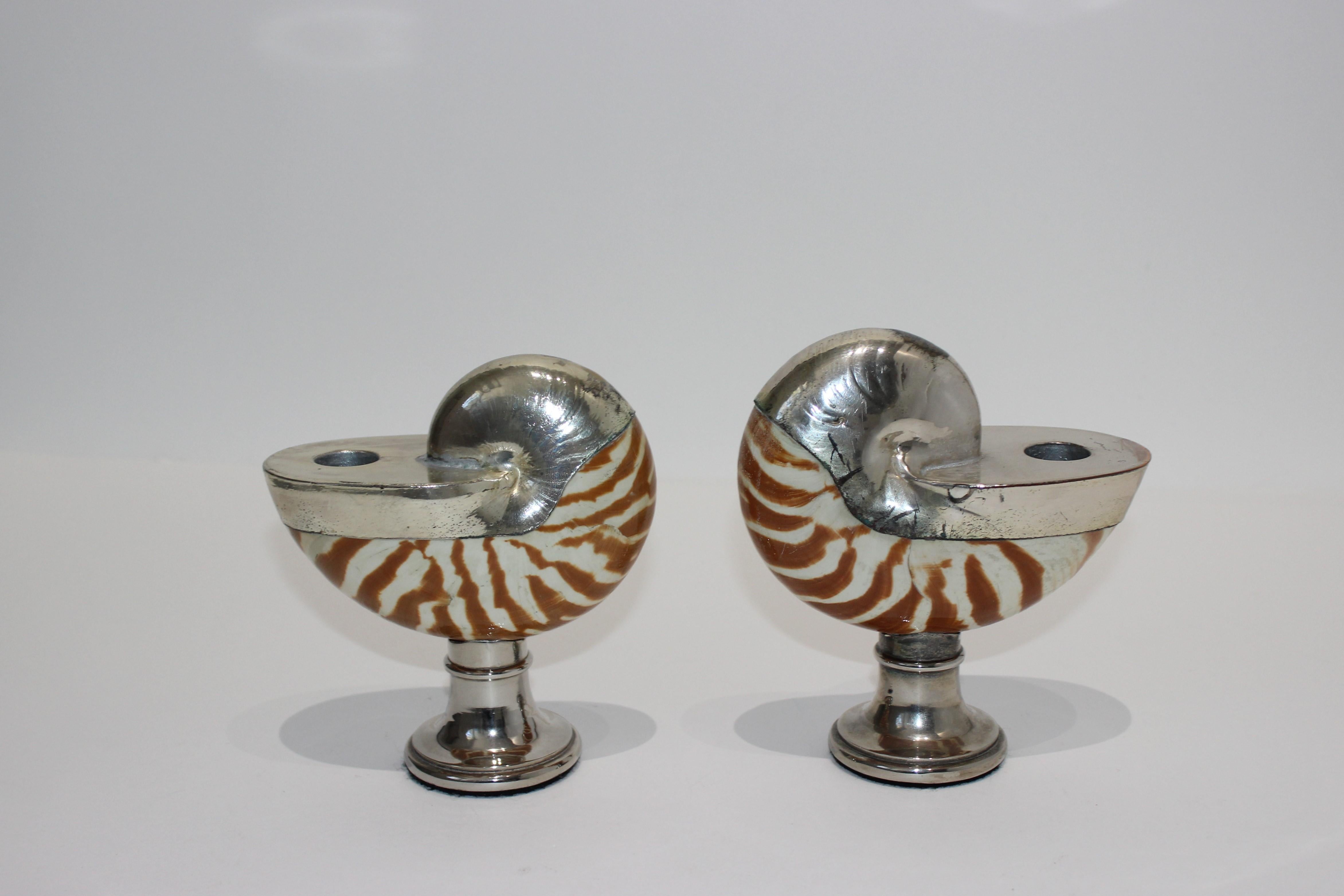 Hand-Crafted Pair of Italian 1950s Nautilus Silver Plated Candleholders