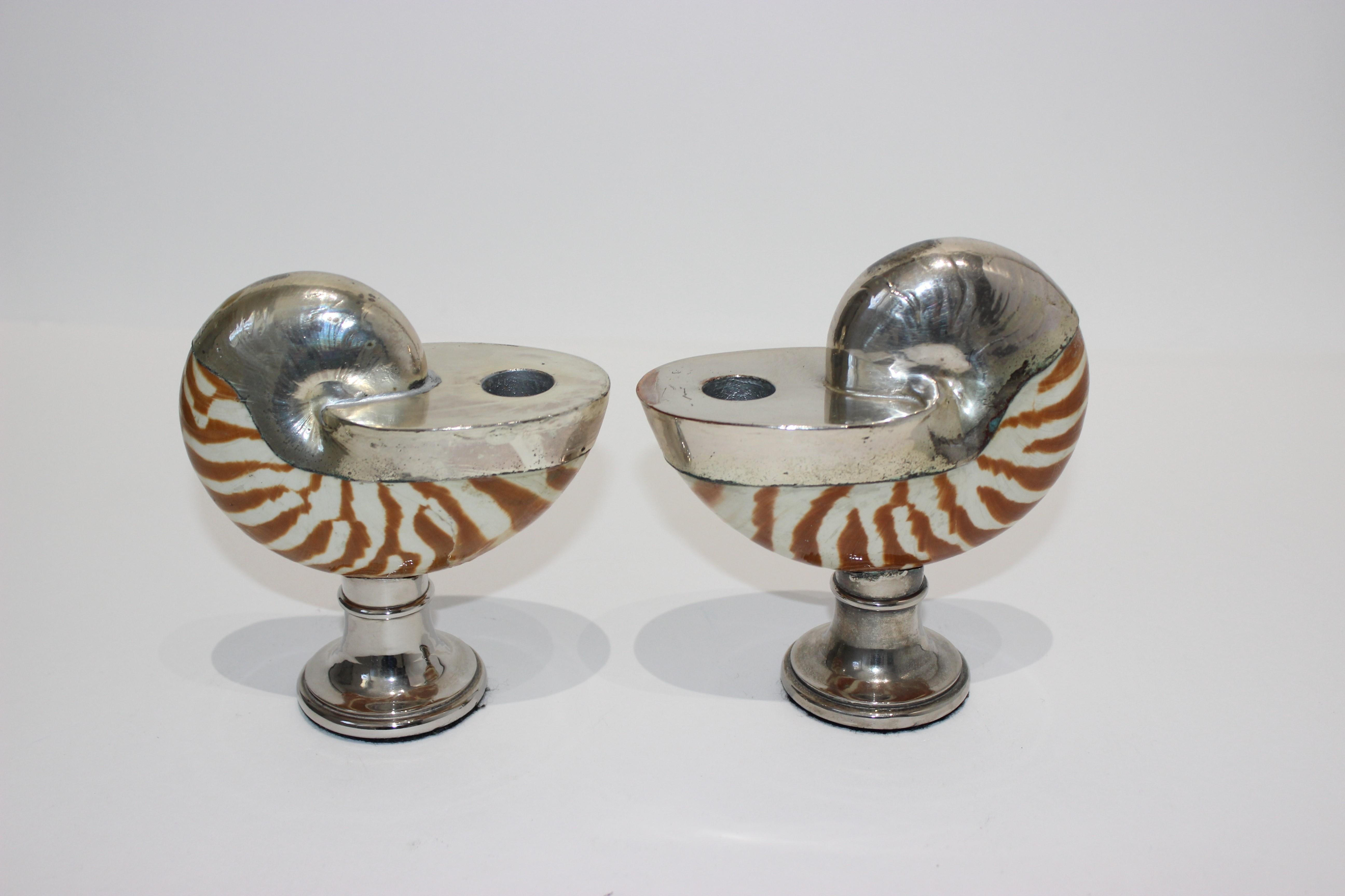Pair of Italian 1950s Nautilus Silver Plated Candleholders 2
