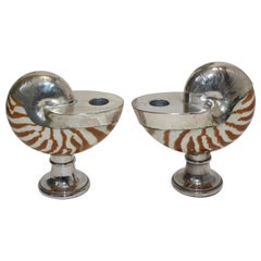 Vintage Pair of Italian 1950s Nautilus Silver Plated Candleholders