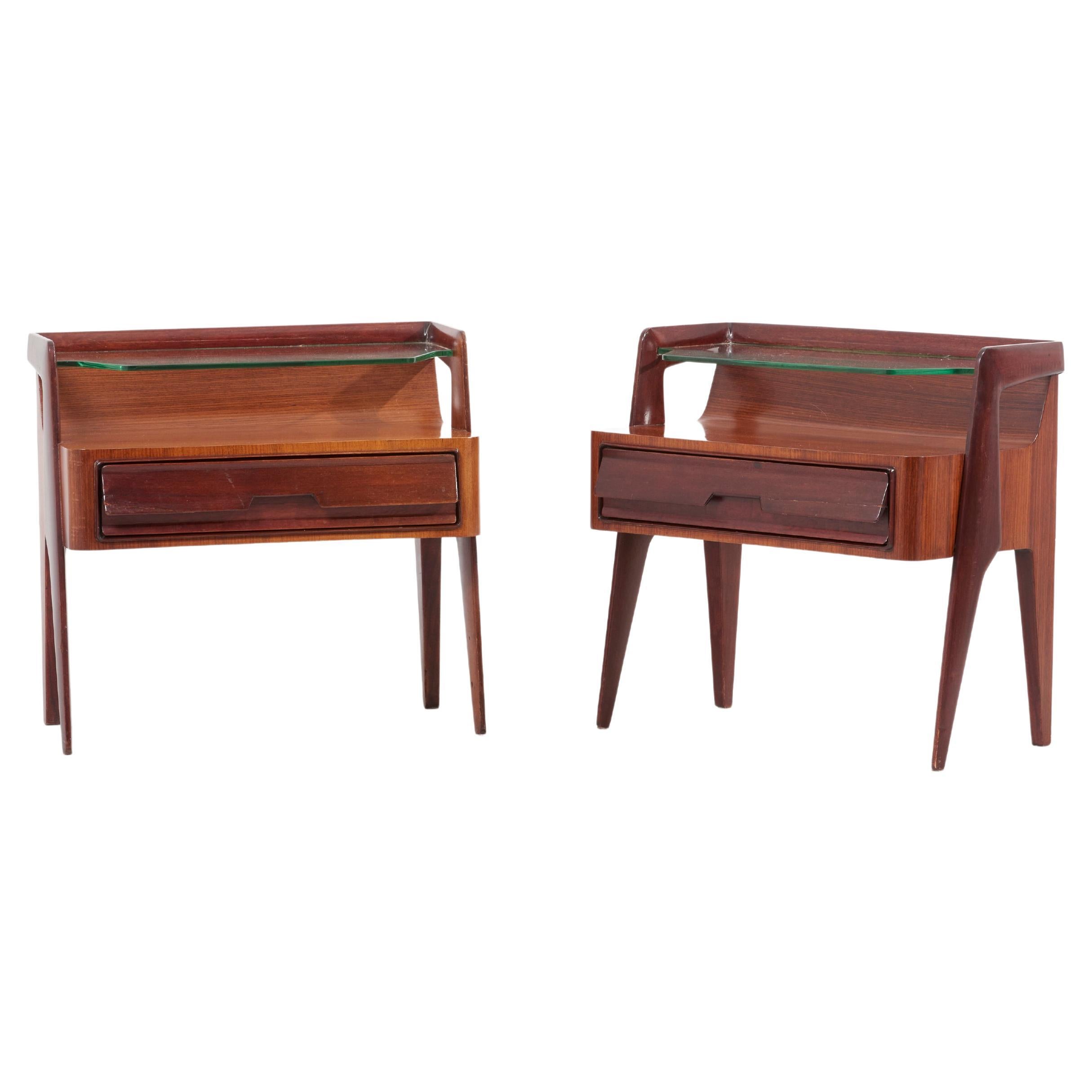 Pair of Italian 1950s Night Stands or Bed Side Tables in Teak Plywood, Mahogany