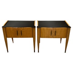 Vintage Pair of Italian 1950s Nightstands With Black Glass Tops