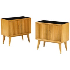 Pair of Italian 1950s Oak Nightstands with Black Glass Tops