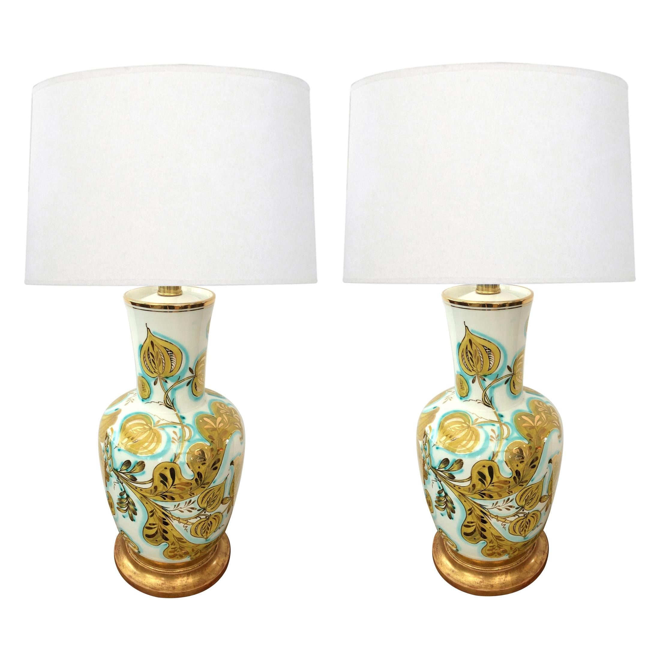 Pair of Italian 1950's Painted Porcelain Lamps for Marbro Lamp Co., Los Angeles