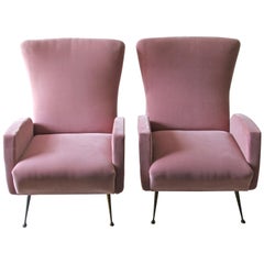 Pair of Italian 1950s Pink Velvet Armchairs with Brass Legs