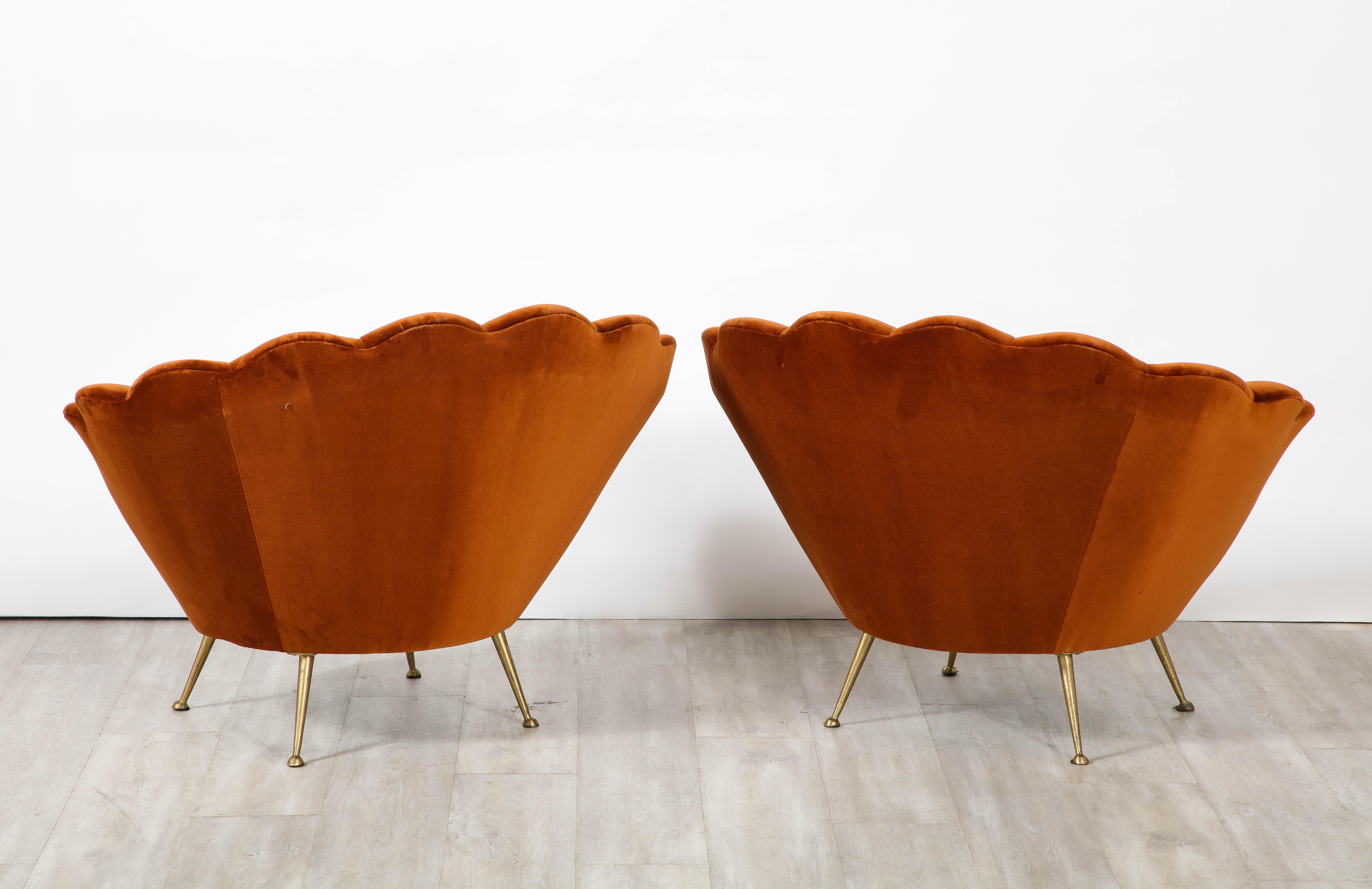 Pair of Italian 1950's Scalloped Shaped Velvet Lounge Chairs For Sale 1