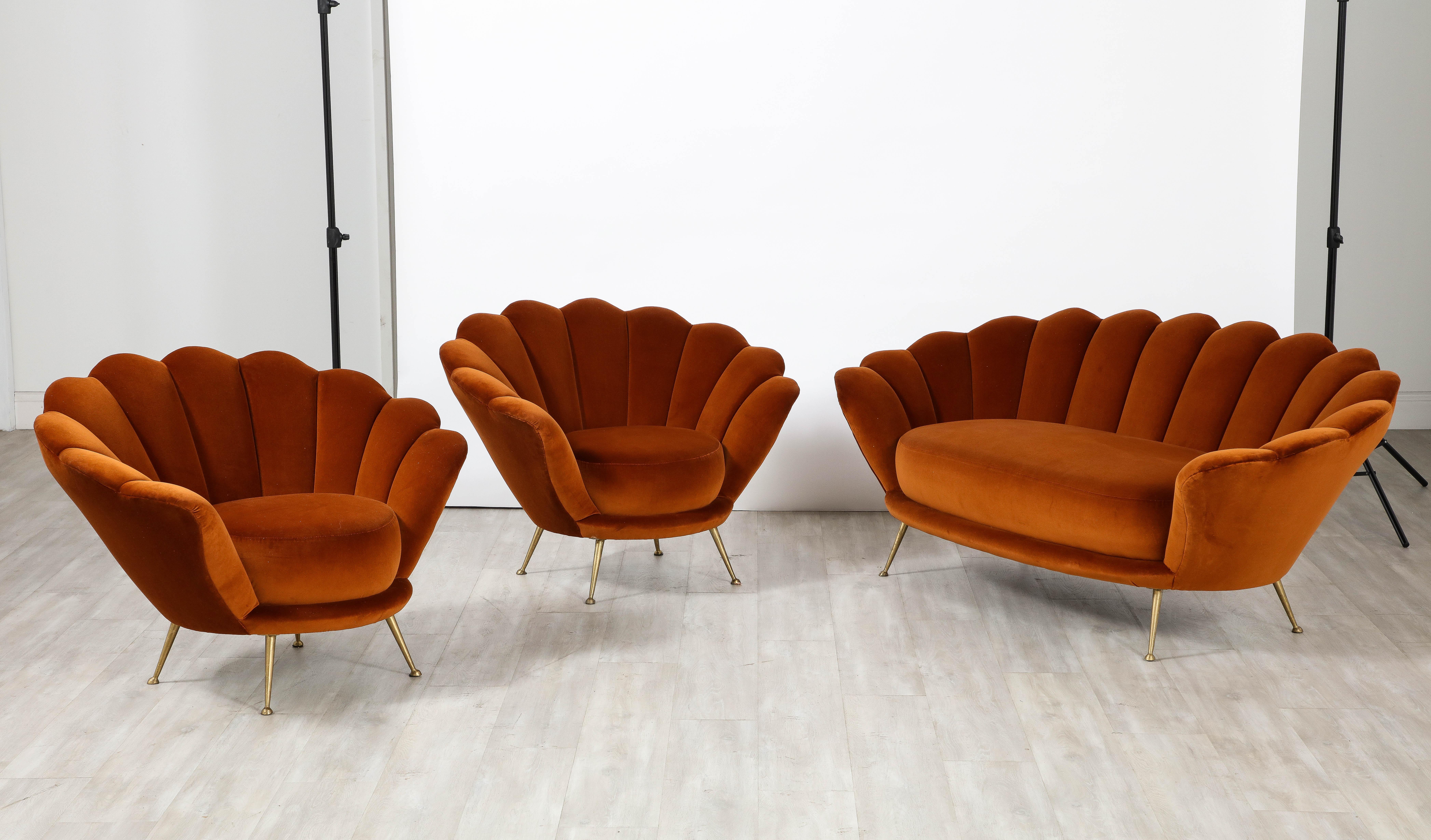 Mid-Century Modern Pair of Italian 1950's Scalloped Shaped Velvet Lounge Chairs For Sale