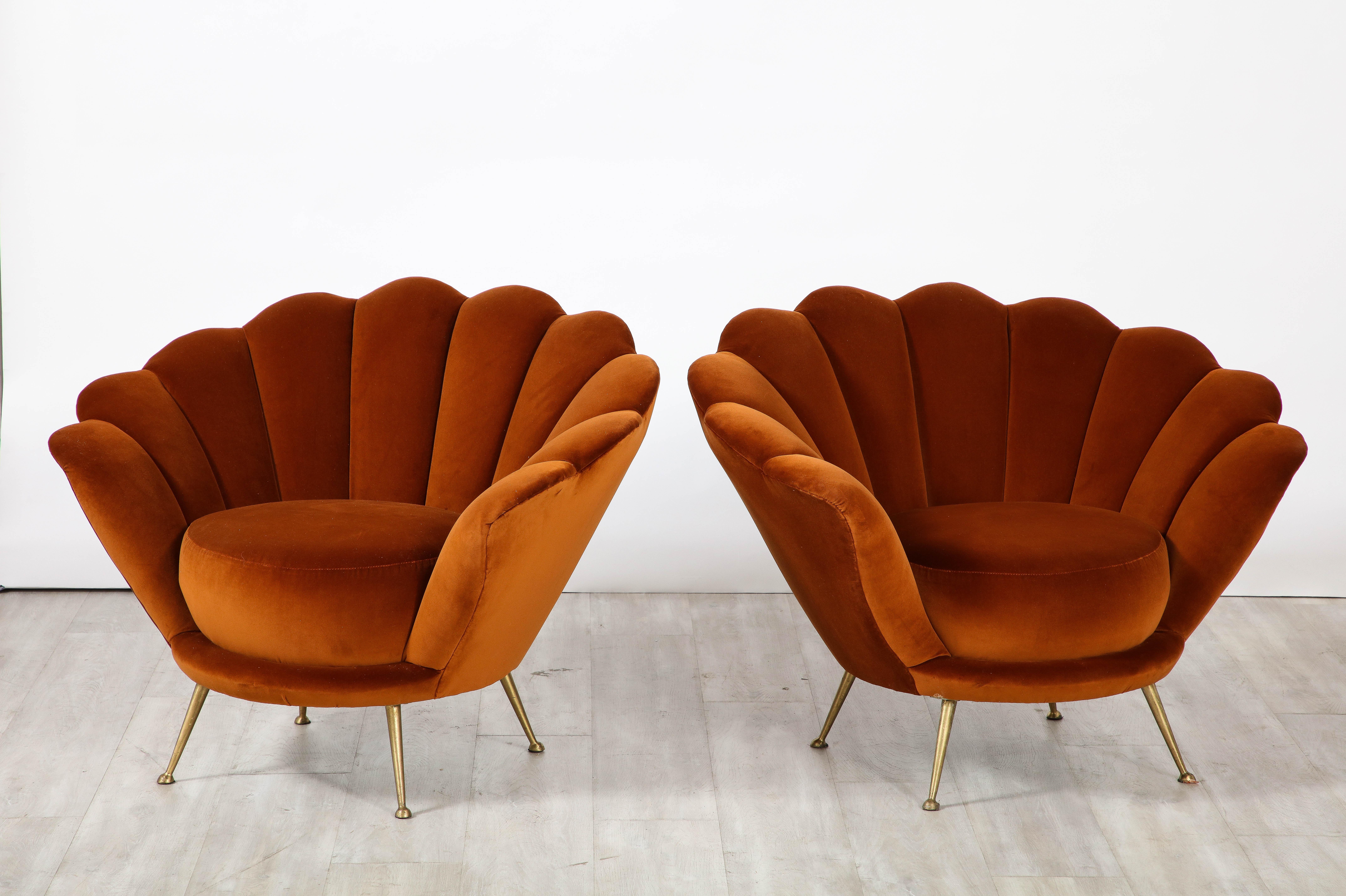 Mid-20th Century Pair of Italian 1950's Scalloped Shaped Velvet Lounge Chairs For Sale