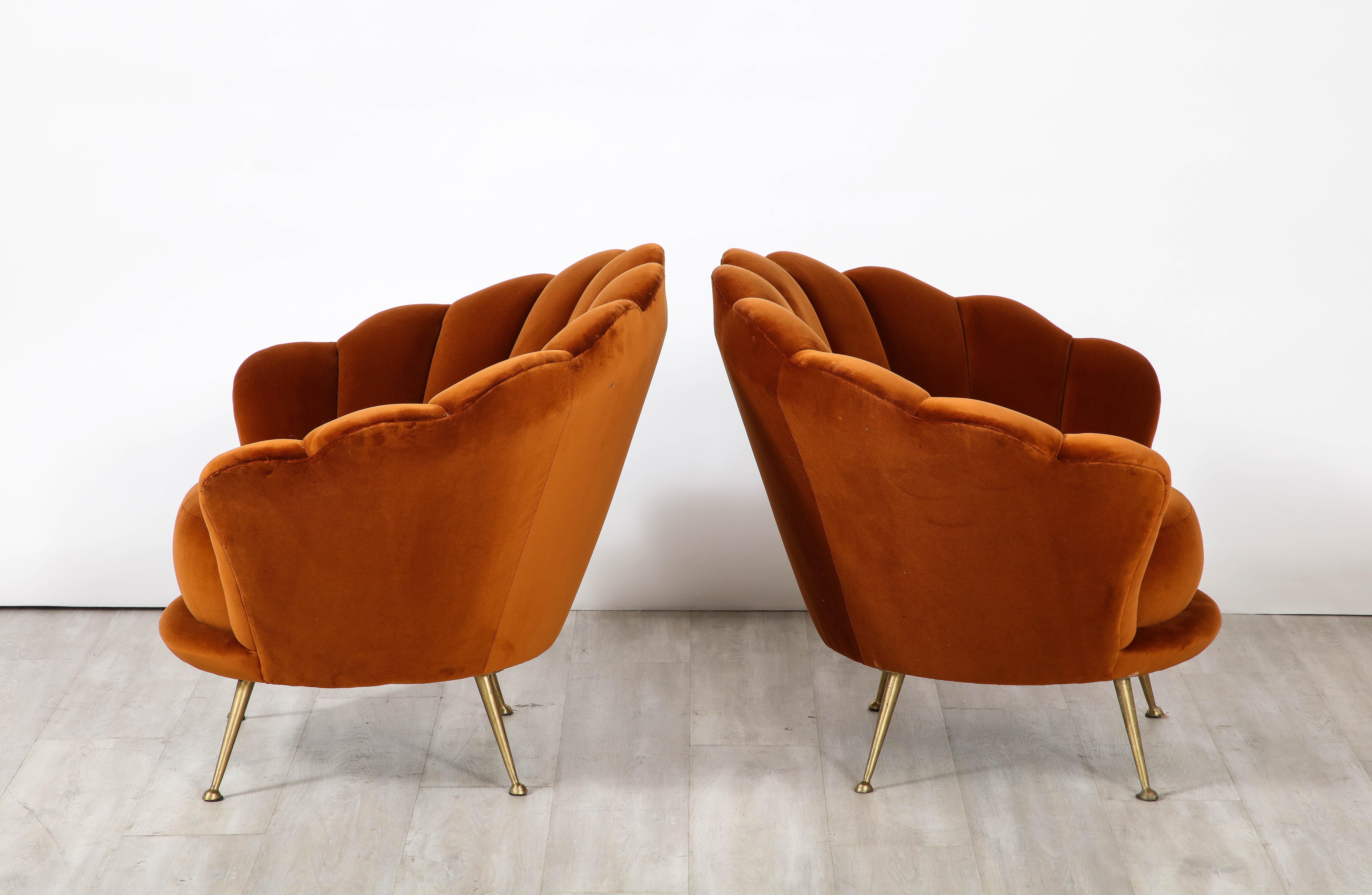 Brass Pair of Italian 1950's Scalloped Shaped Velvet Lounge Chairs For Sale