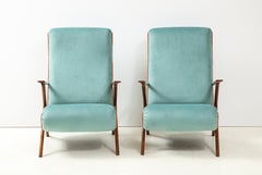 Pair of Italian 1950s Sculptural Walnut Upholstered Armchairs or Lounge Chairs