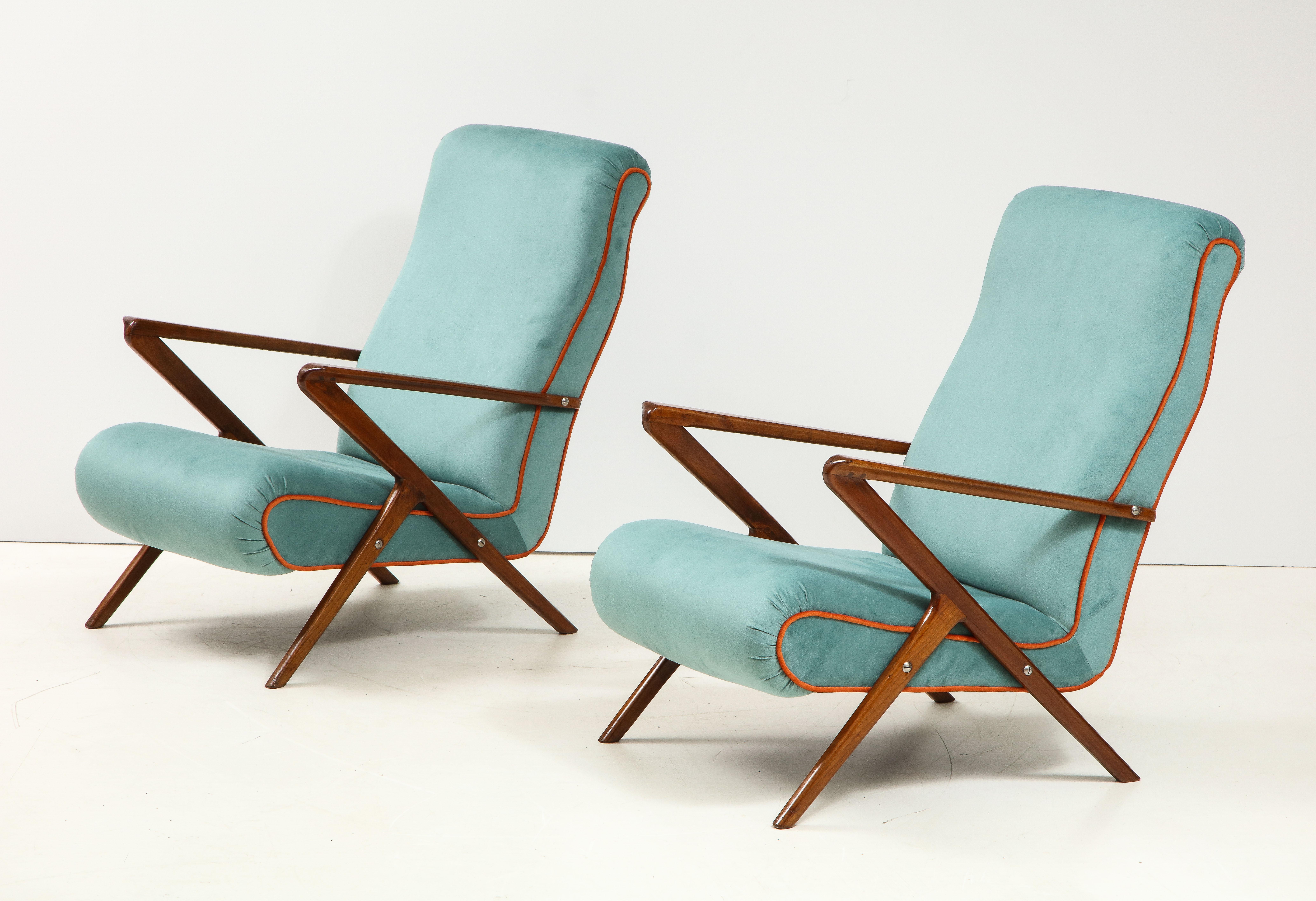 Mid-Century Modern Pair of Italian 1950s Sculptural Walnut Upholstered Armchairs or Lounge Chairs