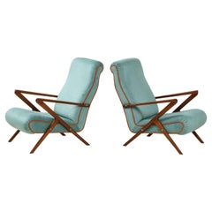 Pair of Italian 1950s Sculptural Walnut Upholstered Armchairs or Lounge Chairs