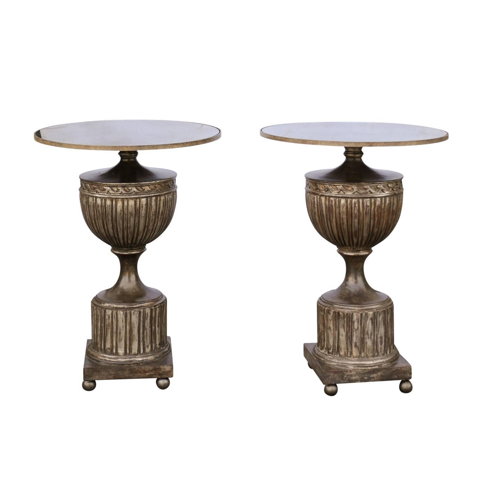 Pair of Italian 1950s Urn Mirrored Top Side Tables with Burnished Silver Finish For Sale