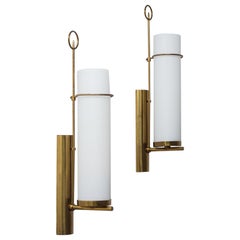 Pair of Italian 1950s Wall Lights, Brass and Satin Glass