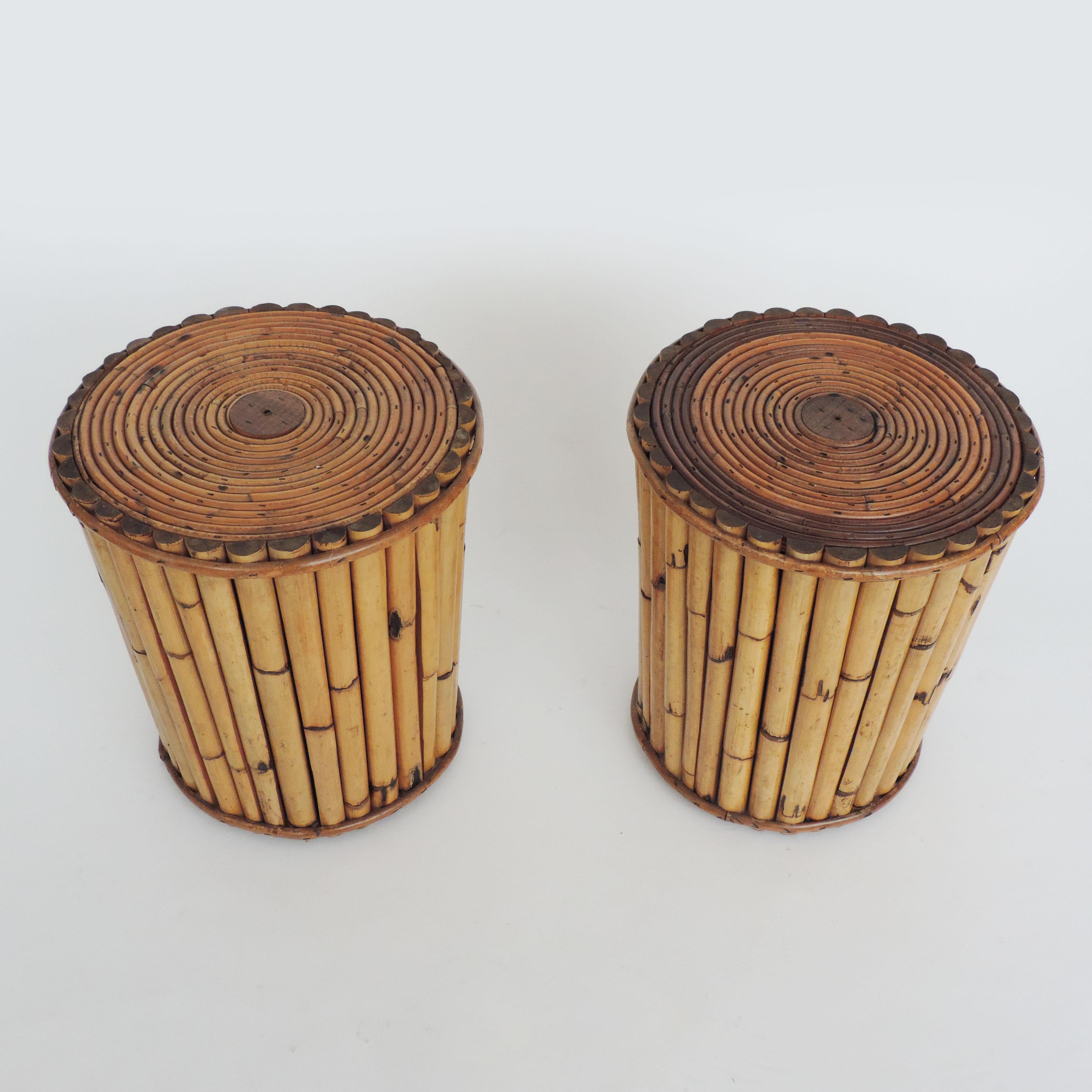 Pair of Italian 1950s Wicker and Bamboo Stools In Good Condition For Sale In Milan, IT
