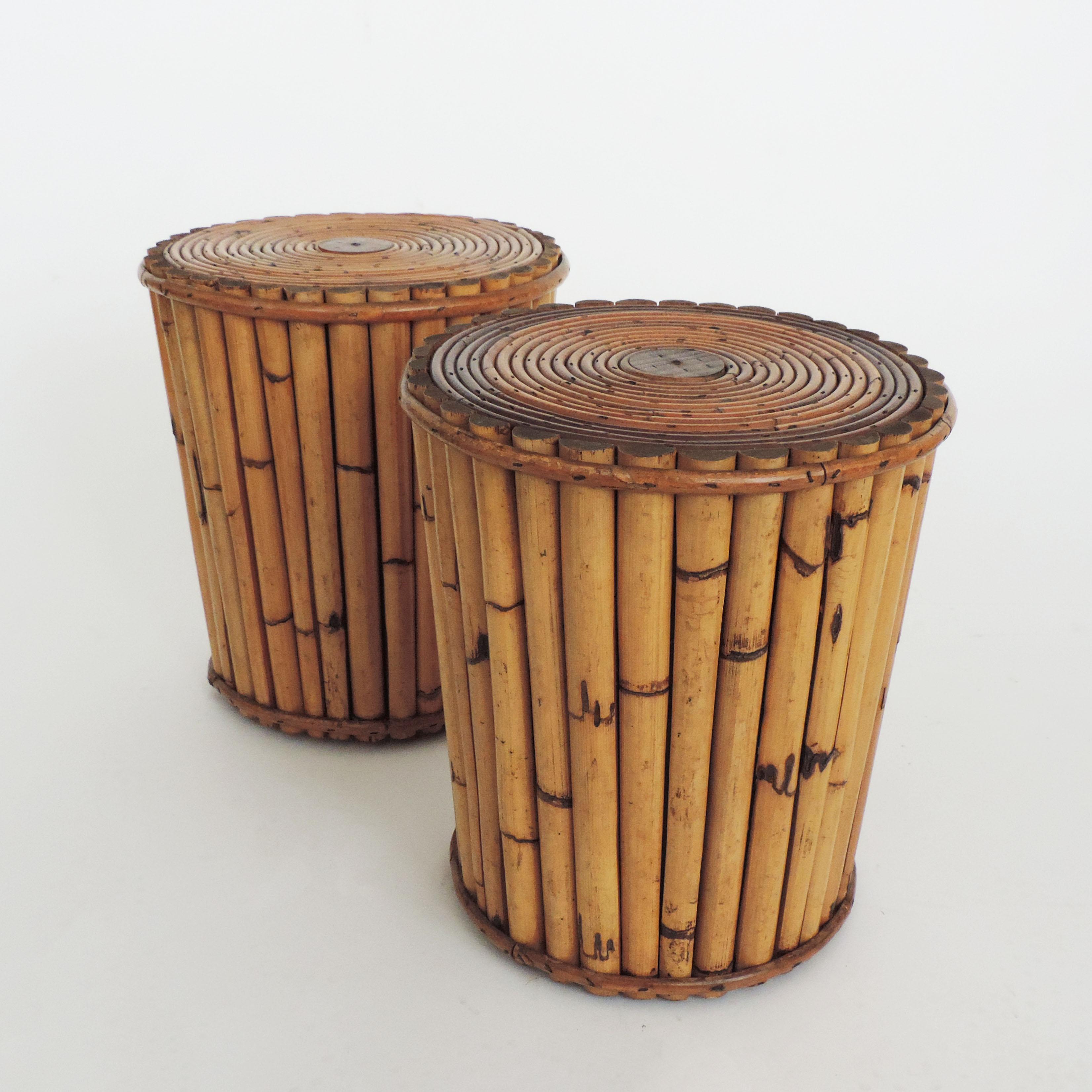 Pair of Italian 1950s Wicker and Bamboo Stools For Sale 1