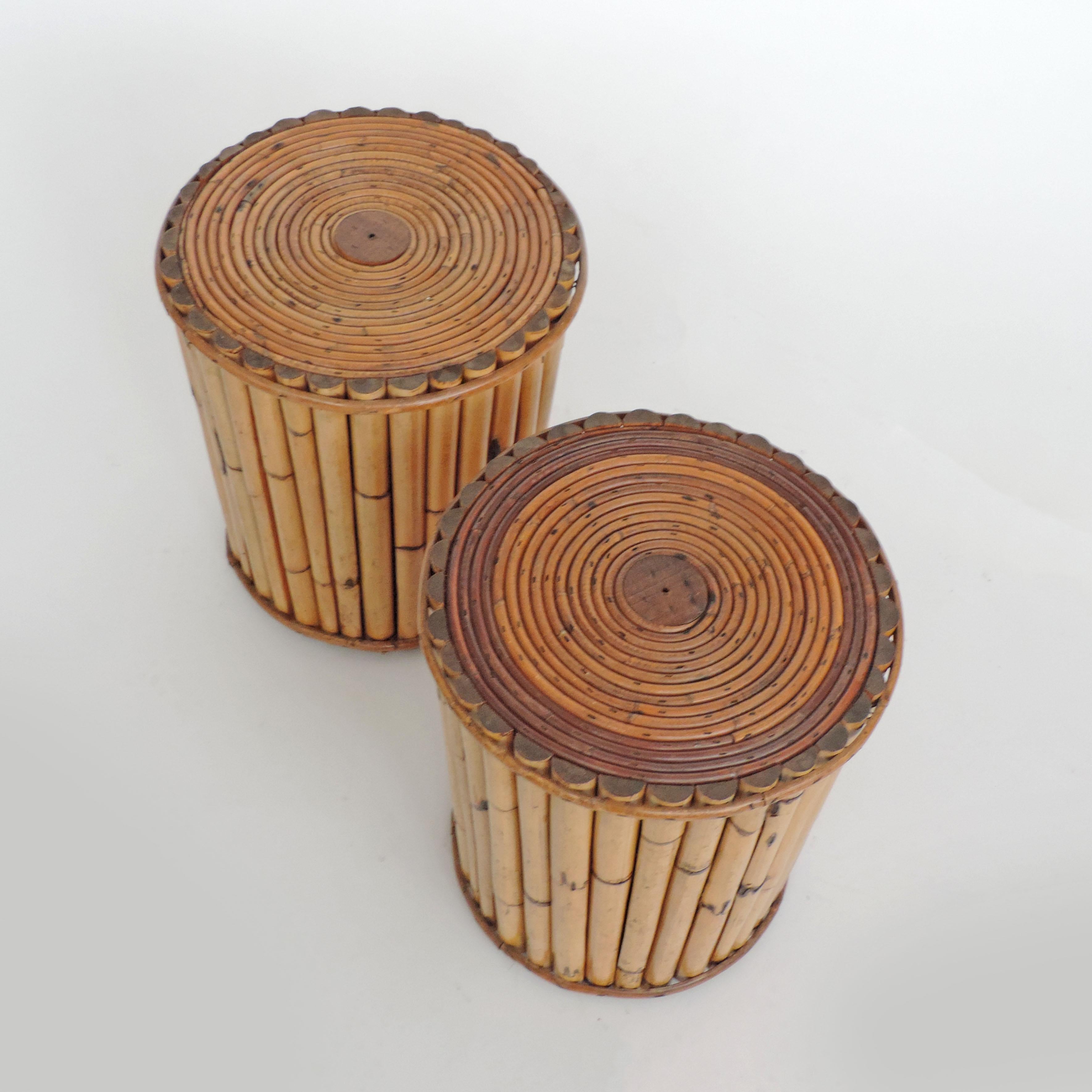 Pair of Italian 1950s Wicker and Bamboo Stools For Sale 2