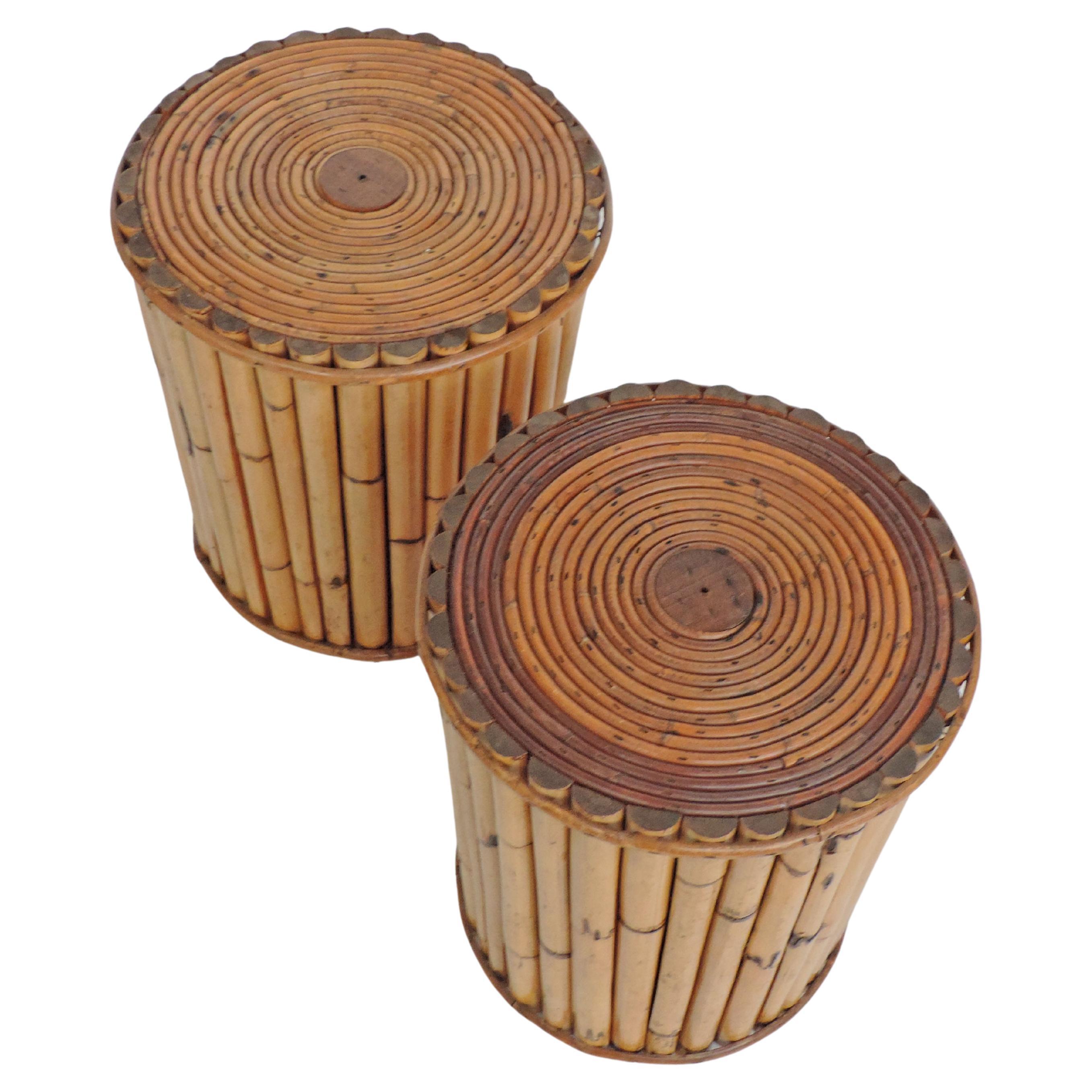 Pair of Italian 1950s Wicker and Bamboo Stools For Sale