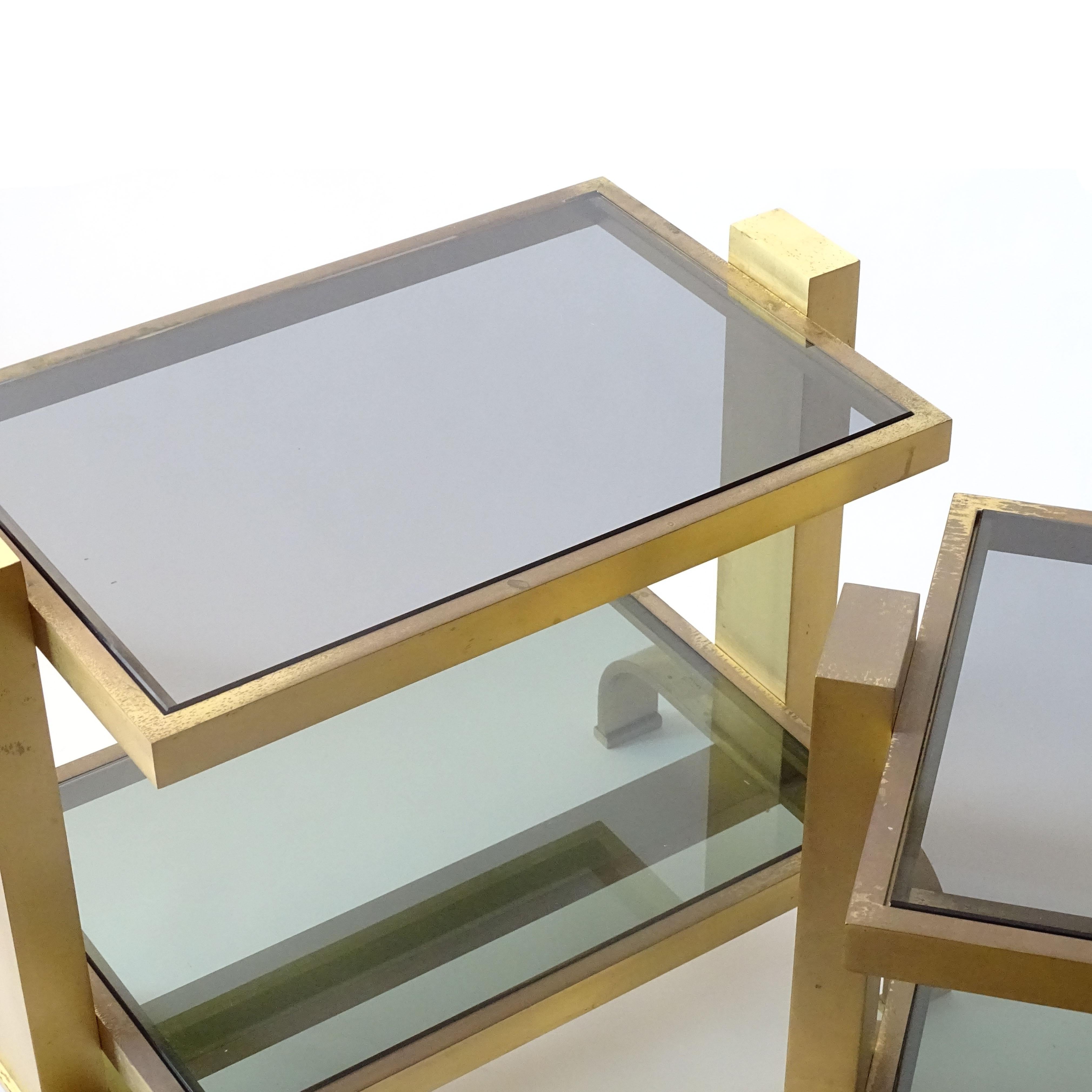 Aluminum Pair of Italian 1960s brass and glass bedside tables For Sale
