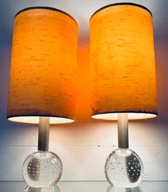 Pair of Italian 1960s Bubbled Crystal Sphere Glass Table Lamps & Original Shades