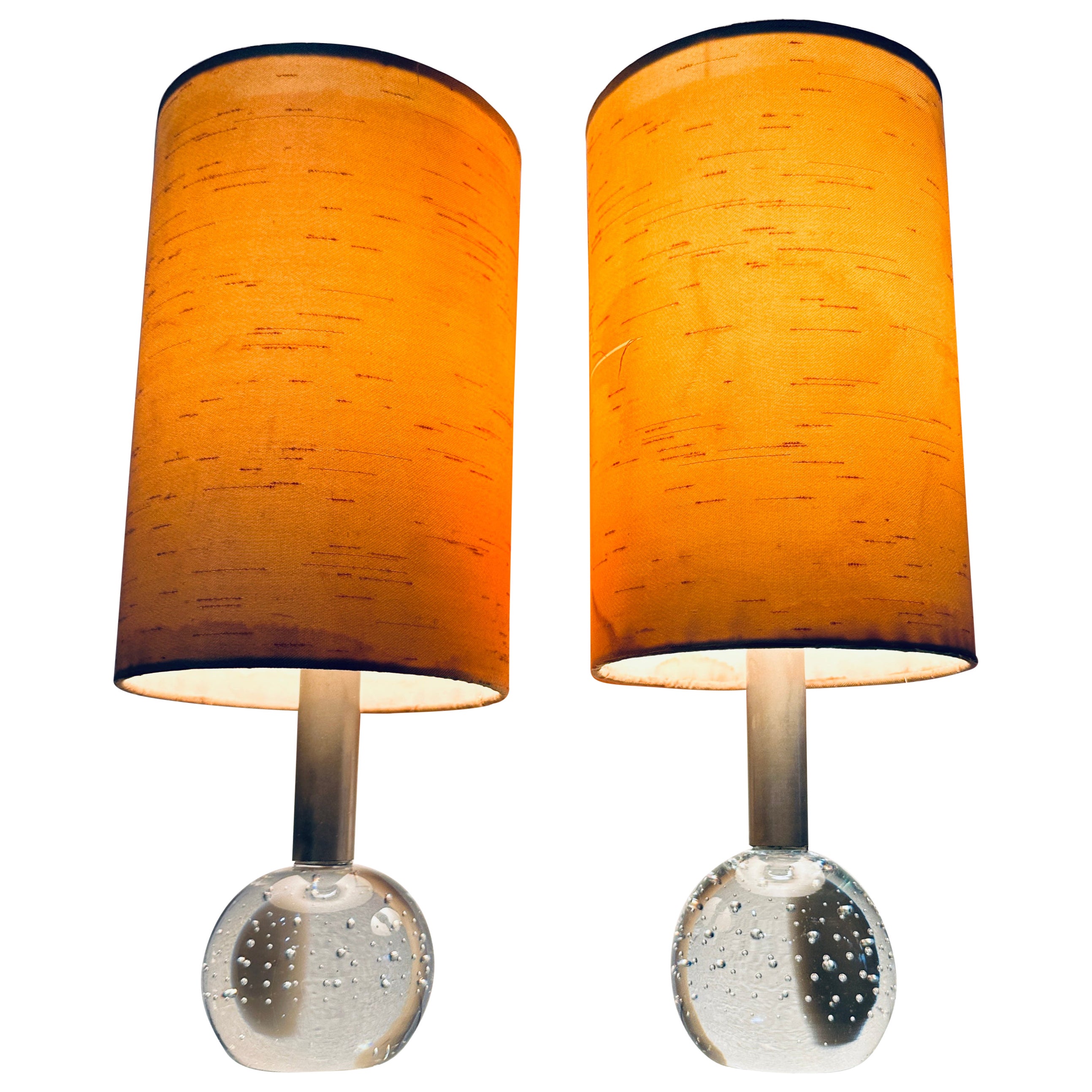 Pair of Italian 1960s Bubbled Crystal Sphere Glass Table Lamps 
Original Shades