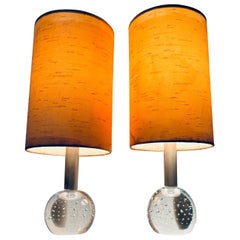 Pair of Italian 1960s Bubbled Crystal Sphere Glass Table Lamps & Original Shades