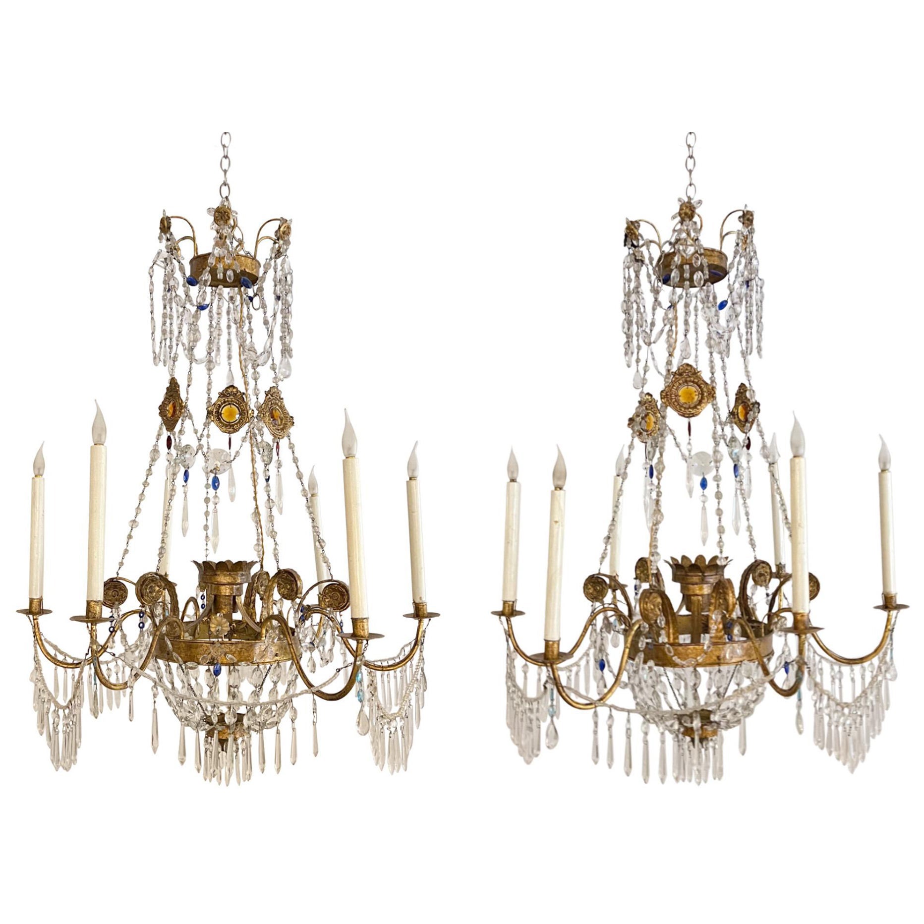 Pair of Italian 1960s Decorative Chandeliers With Gilt Metal And Coloured Glass