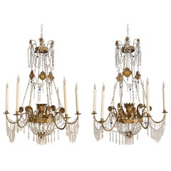 Pair of Italian 1960s Decorative Chandeliers With Gilt Metal And Coloured Glass