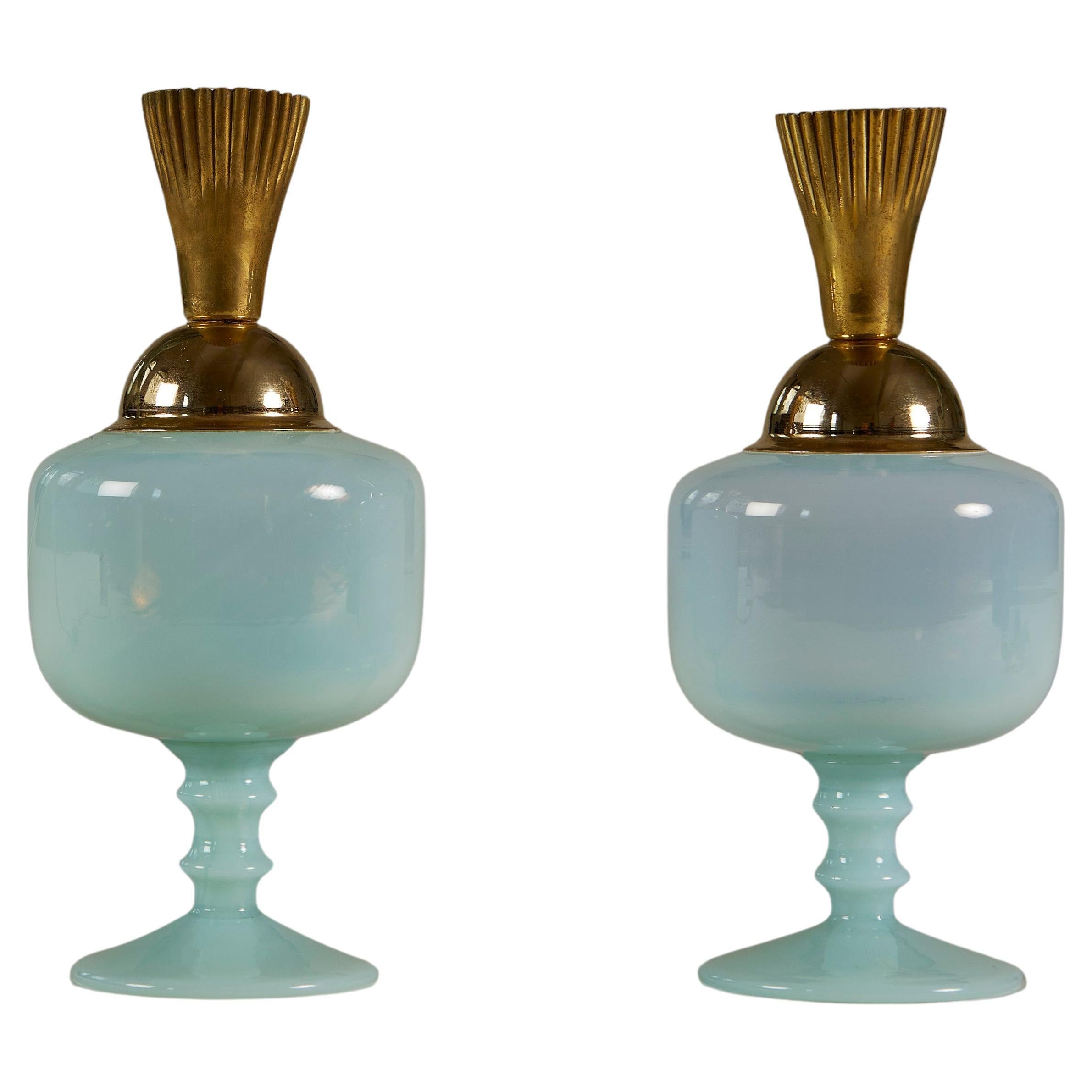 Paire de lampes de table italiennes des années 1960 de Murano turquoise pâle en vente