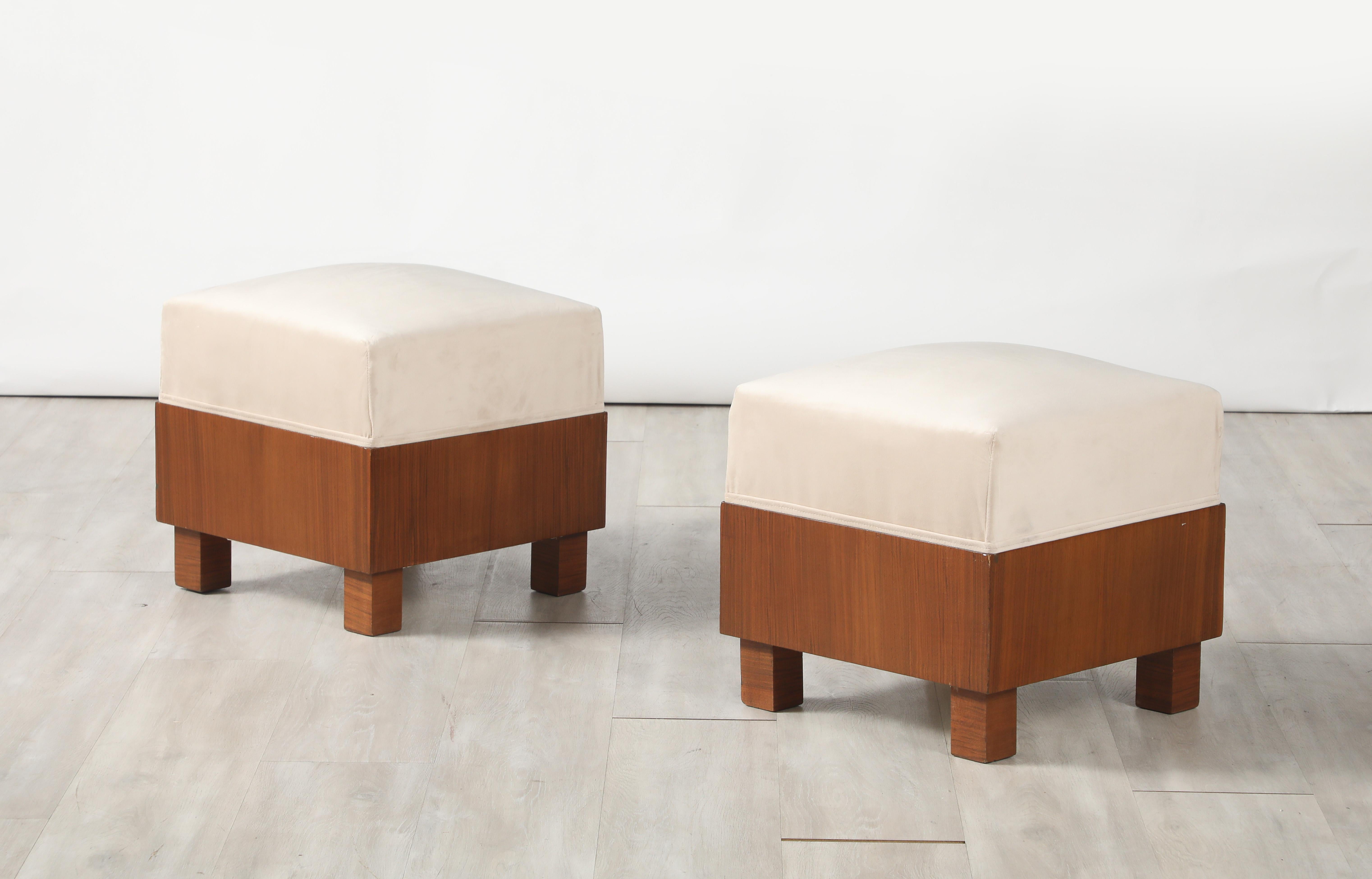 Fabric Pair of Italian 1960's Walnut Square Stools For Sale