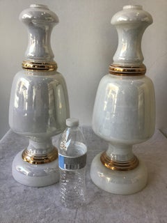 Pair of Italian 1960s White Iridescent Glass Lamps with Gilt Accents