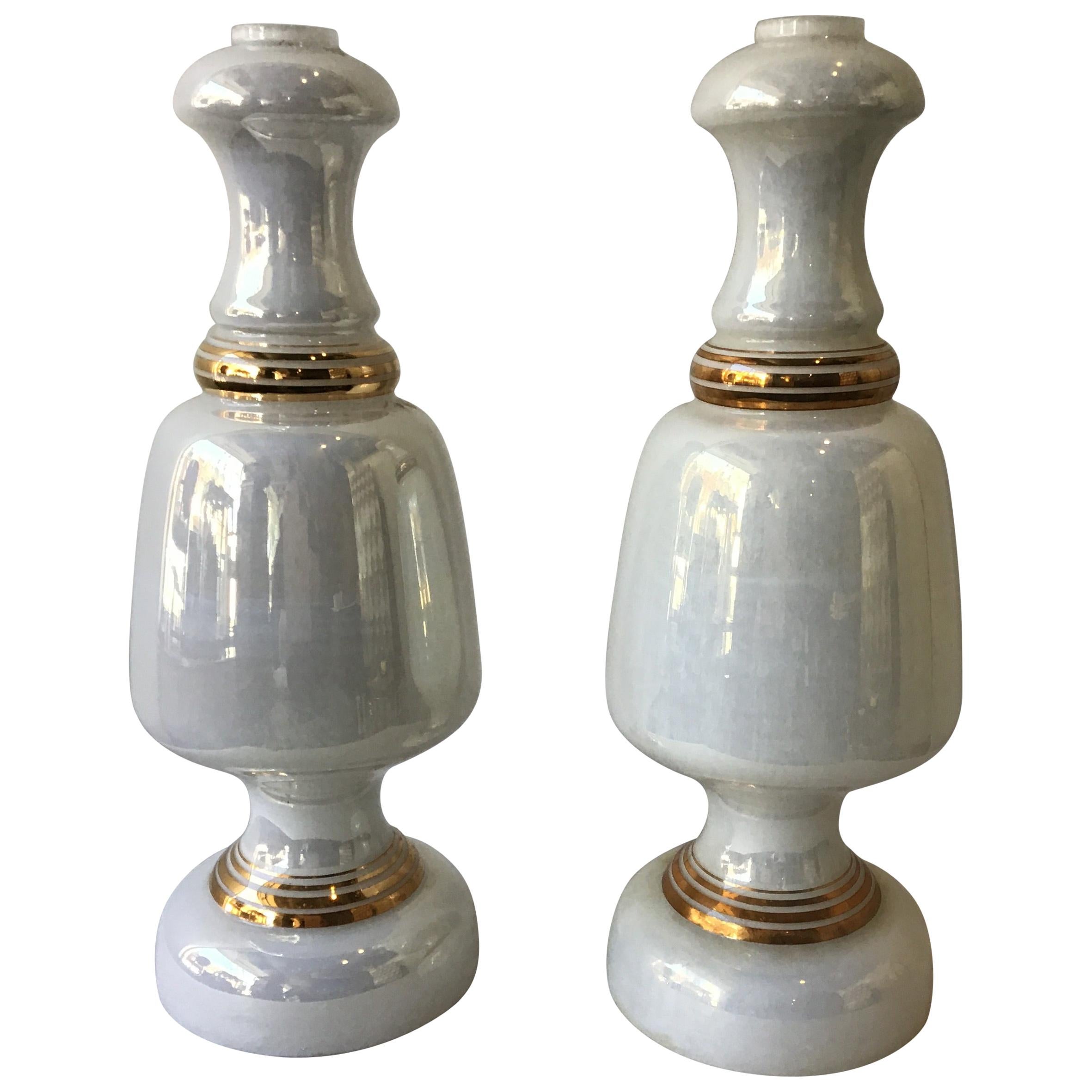 Pair of Italian 1960s White Iridescent Glass Lamps with Gilt Accents