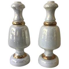 Pair of Italian 1960s White Iridescent Glass Lamps with Gilt Accents
