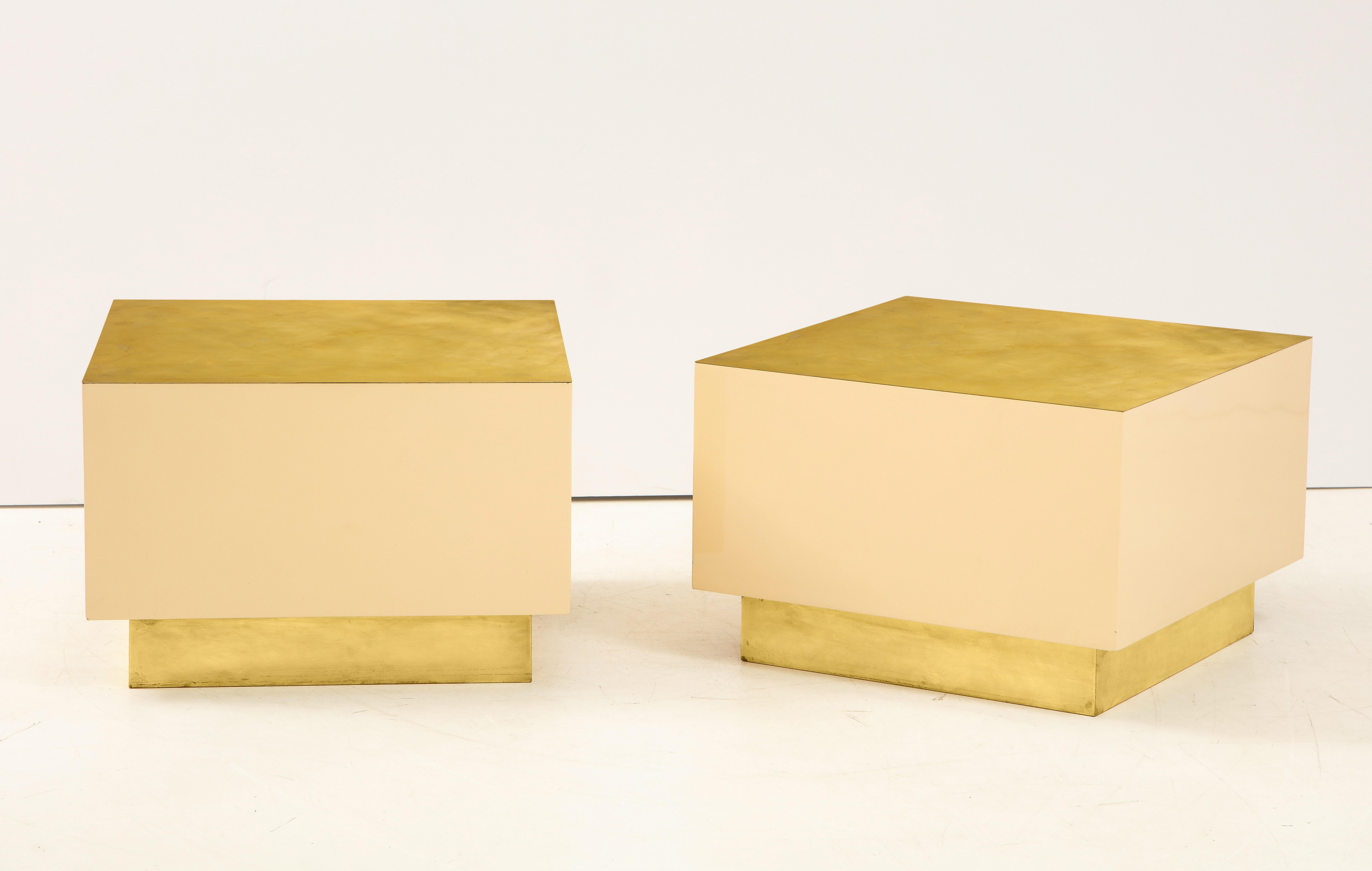 Pair of Italian 1970s Brass and Lacquer Cube Form Coffee Tables For Sale 3