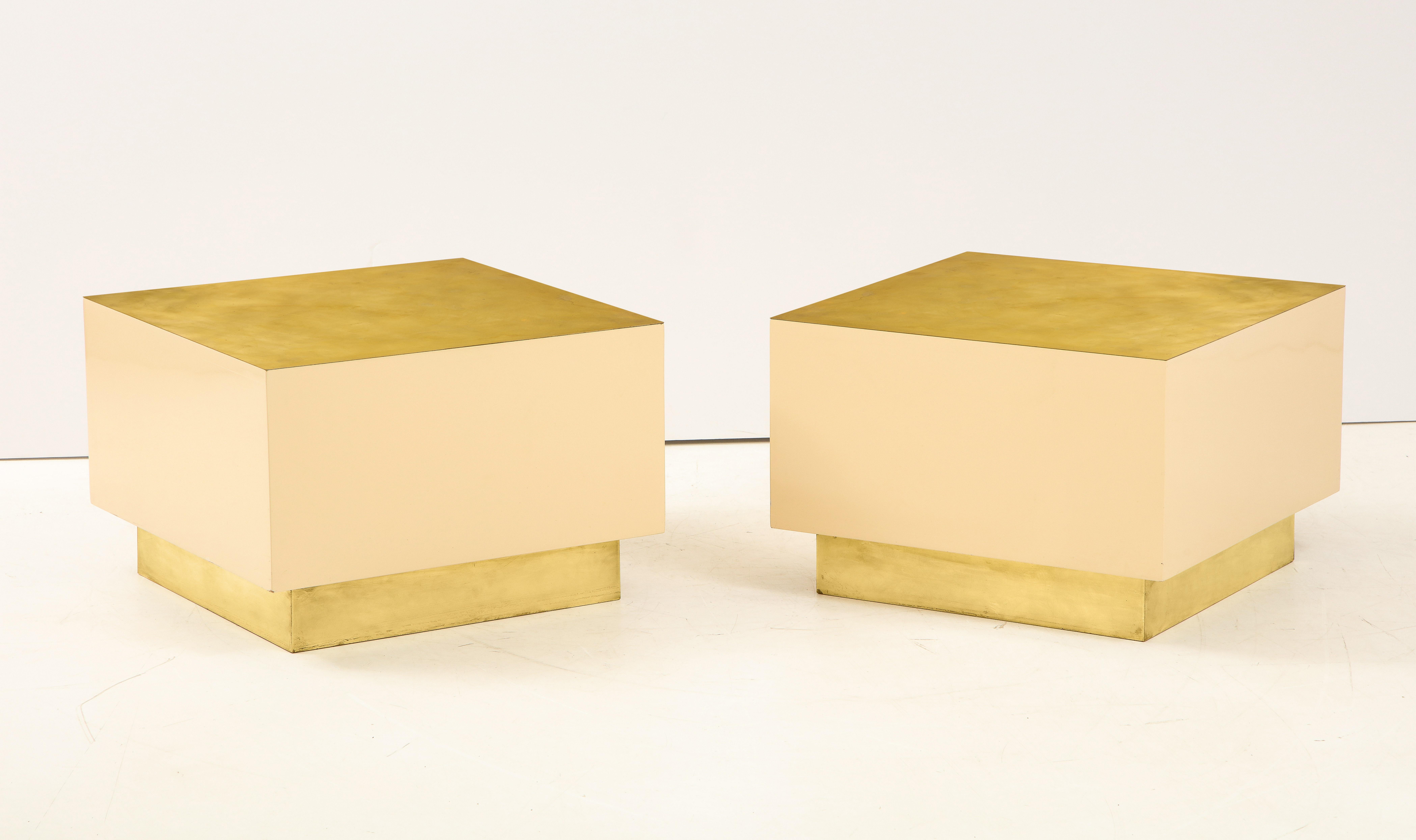 Pair of Italian 1970s Brass and Lacquer Cube Form Coffee Tables For Sale 4