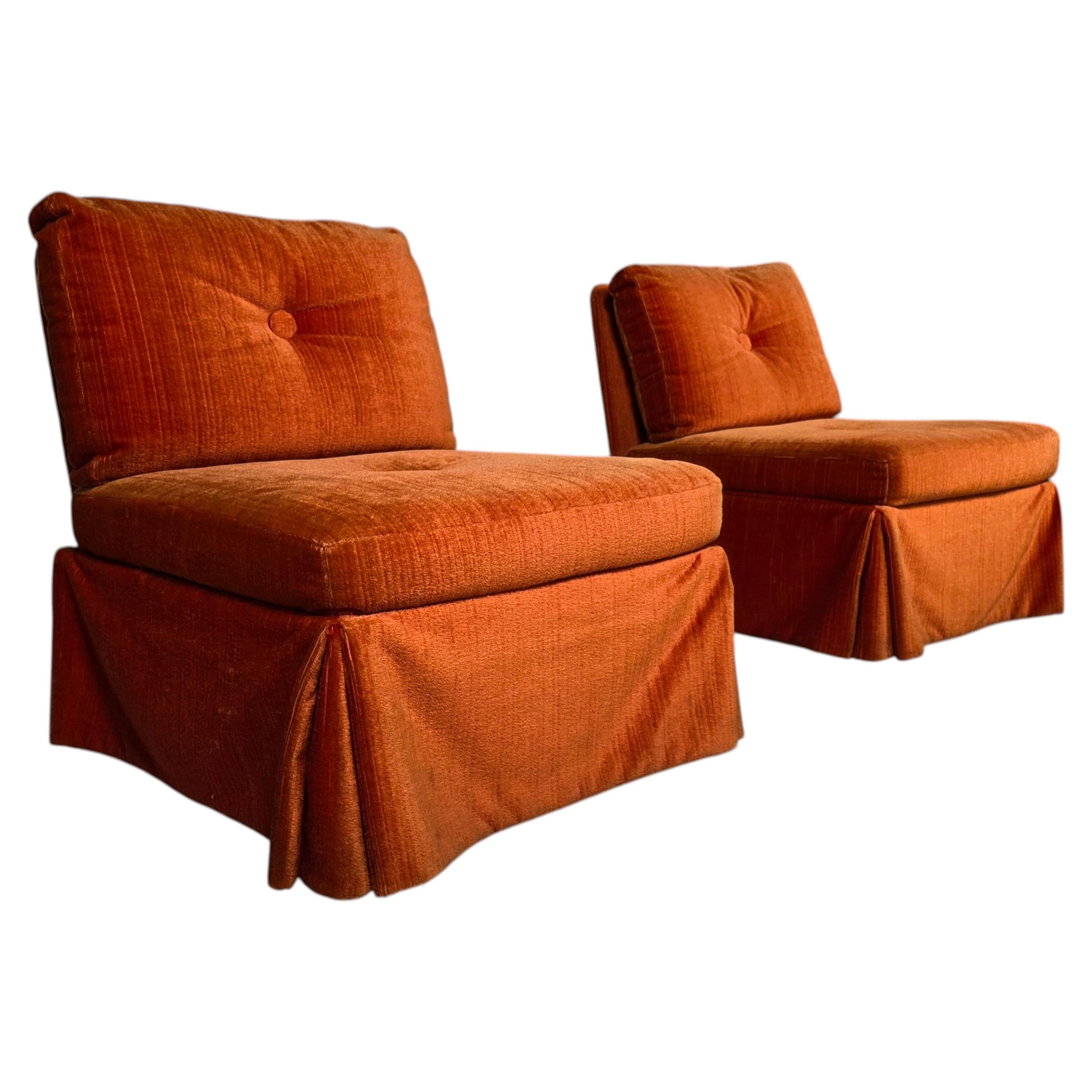 Pair of Italian 1970s Burnt Orange Chenille Velvet Lounge Chairs