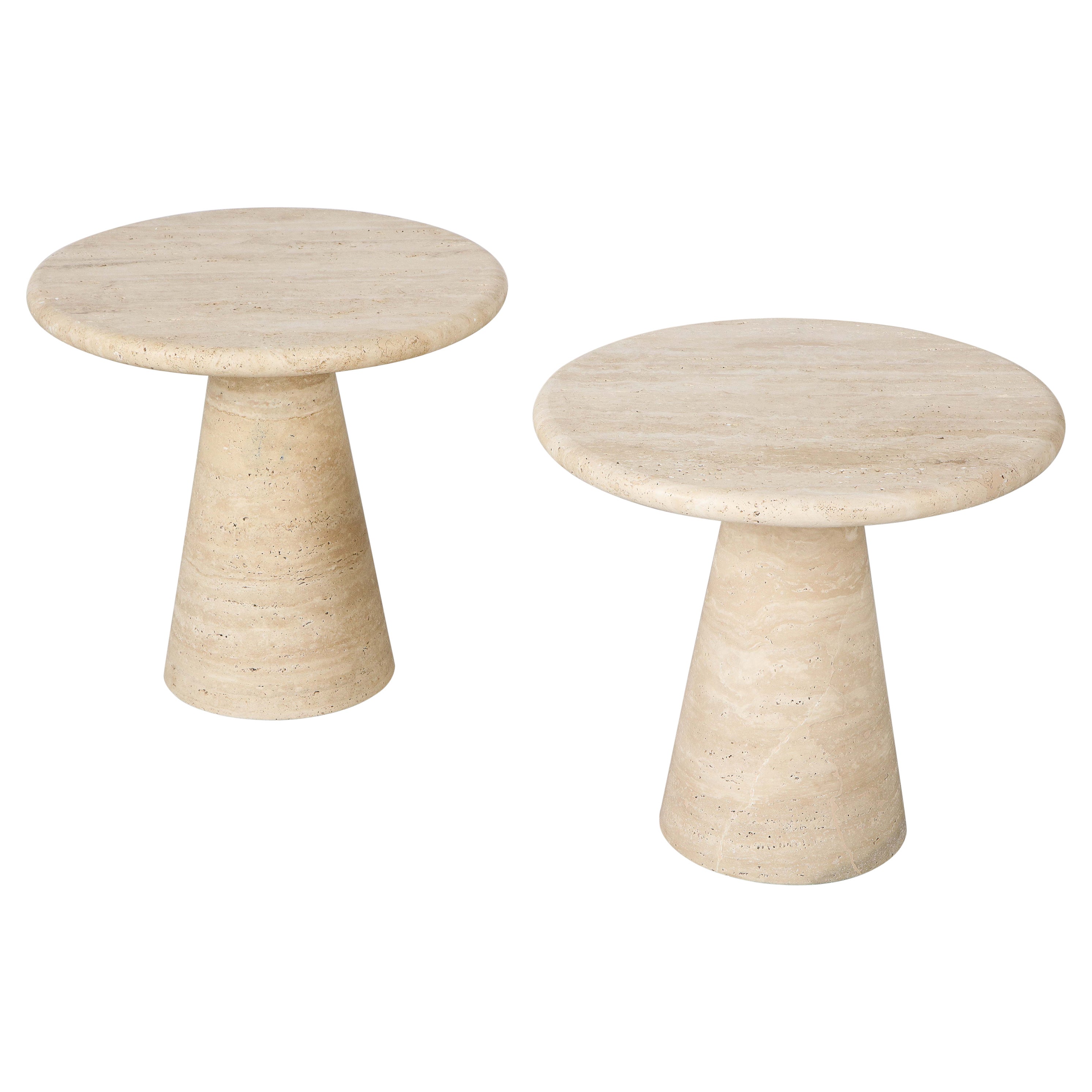 Pair of Italian 1970's Circular Travertine Side Tables