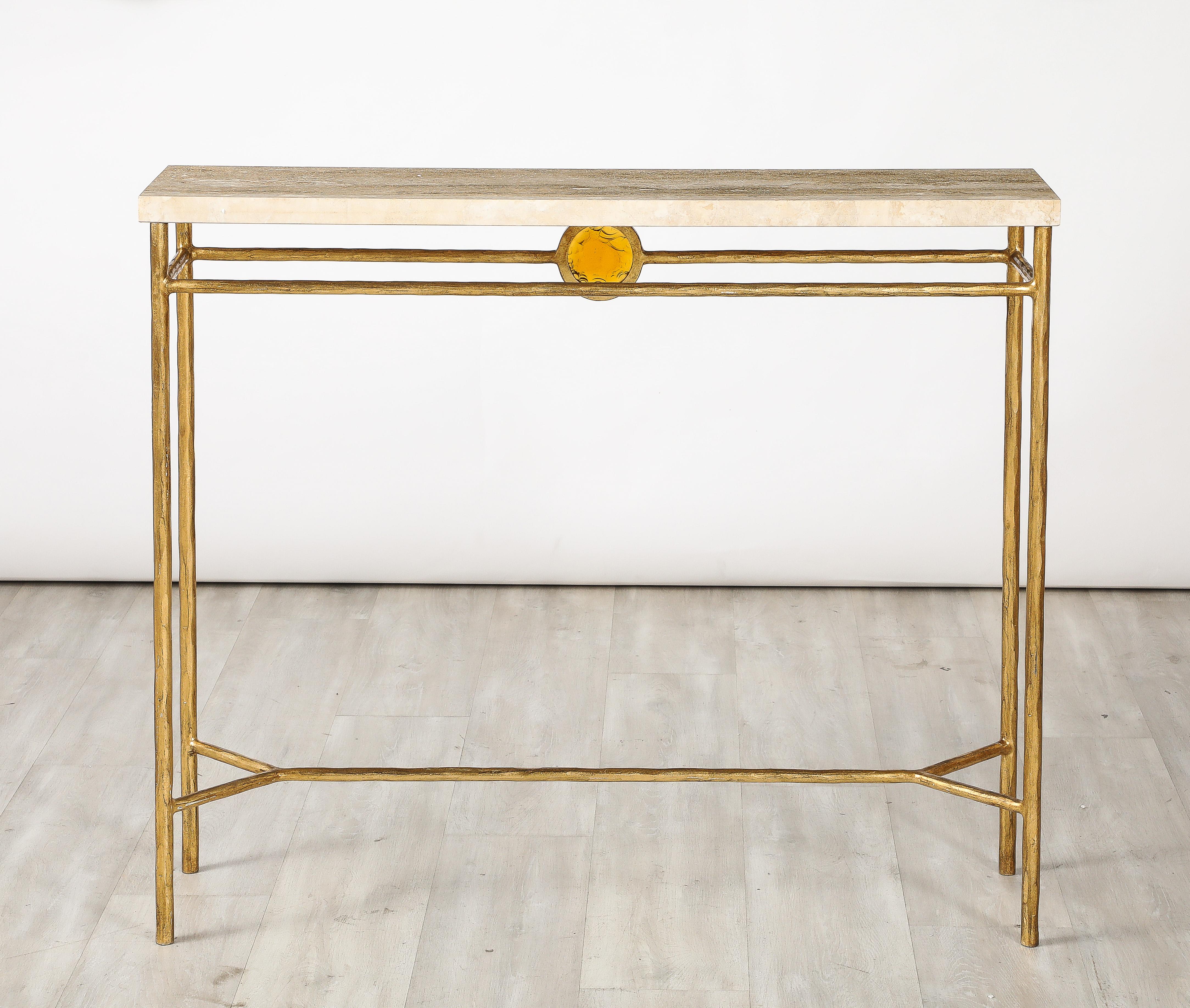 Pair of Italian 1970's Gilded Iron and Travertine Console Tables  For Sale 4