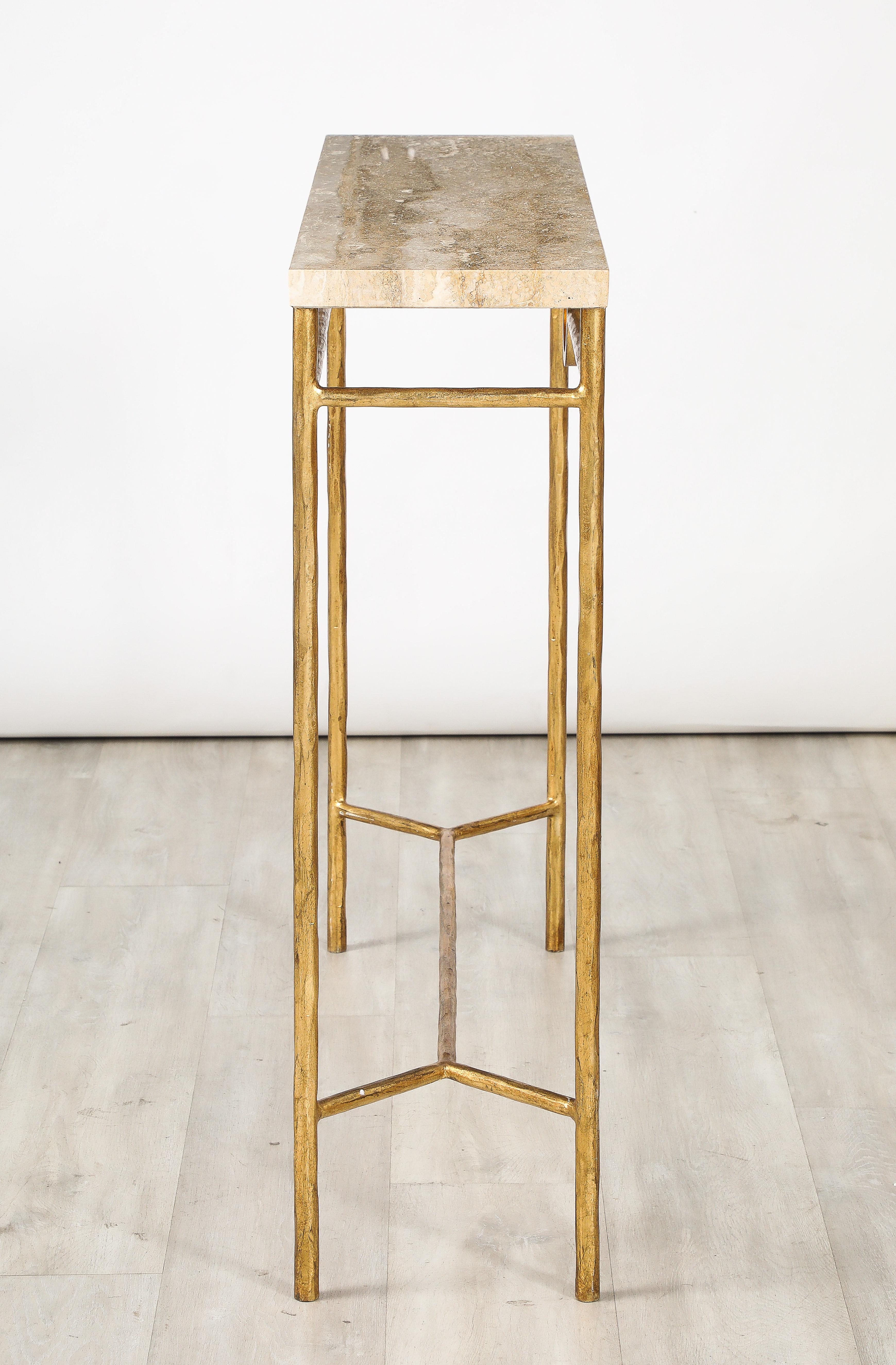 Pair of Italian 1970's Gilded Iron and Travertine Console Tables  For Sale 5