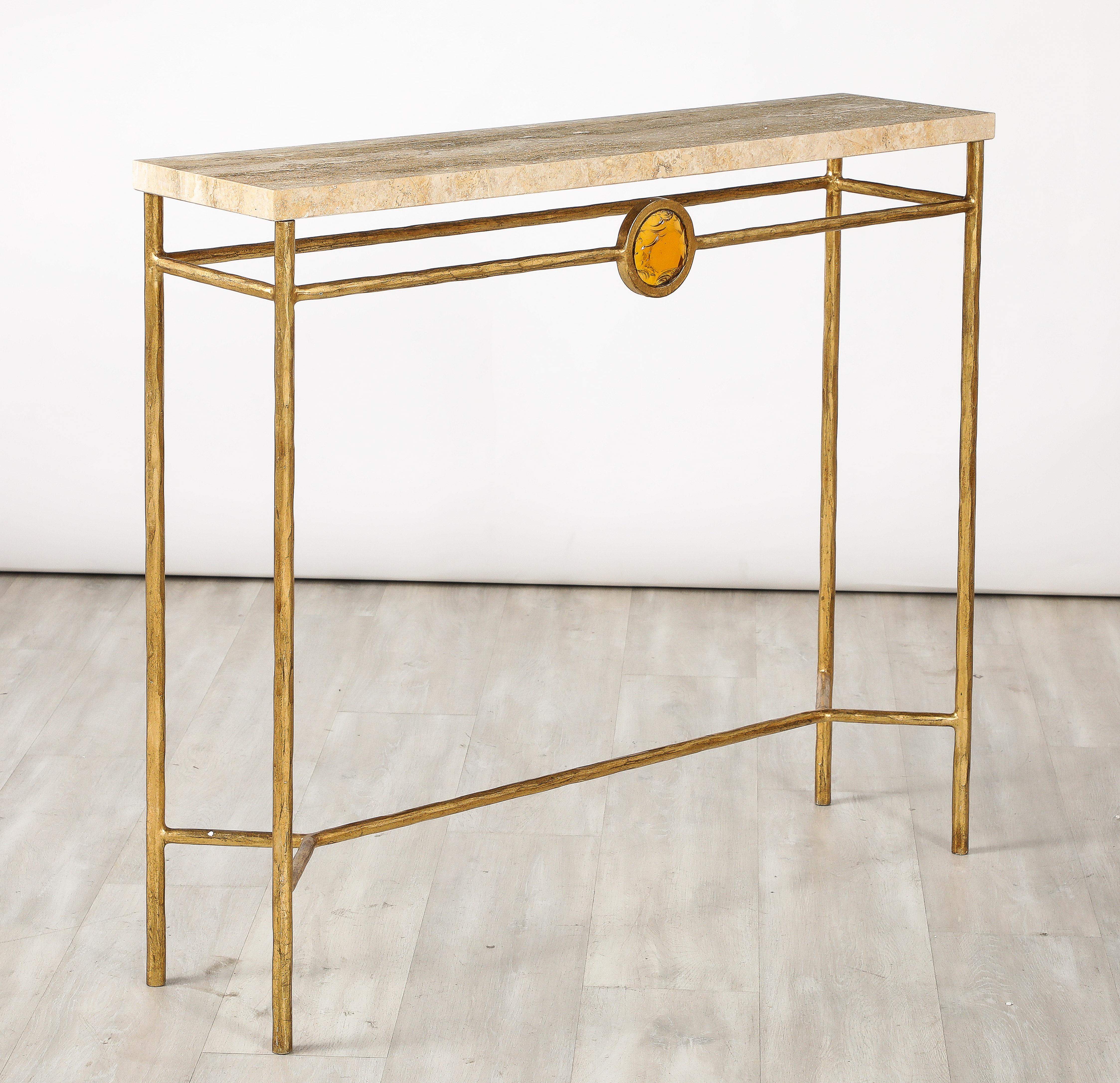Pair of Italian 1970's Gilded Iron and Travertine Console Tables  For Sale 7