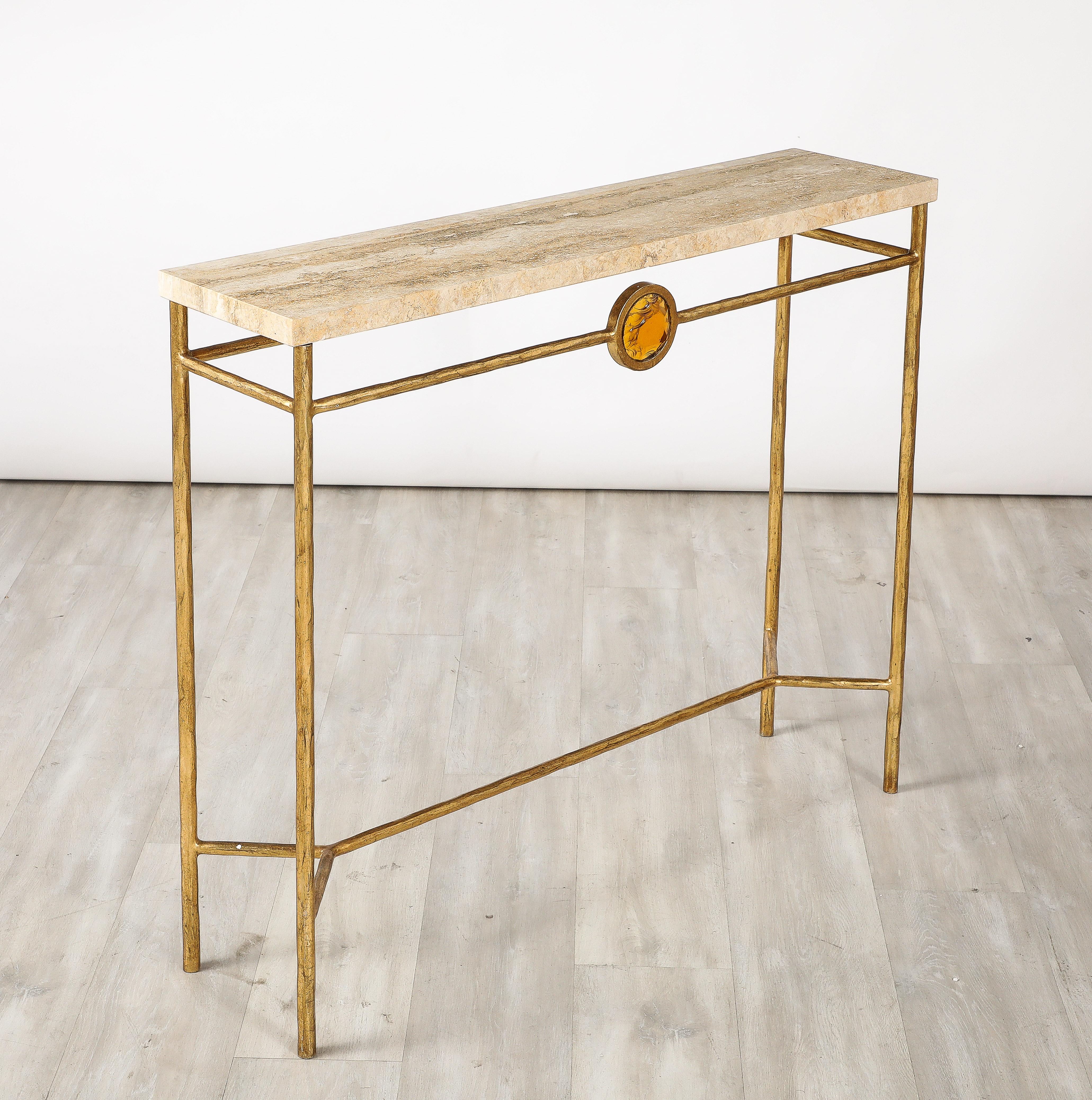 Pair of Italian 1970's Gilded Iron and Travertine Console Tables  For Sale 8