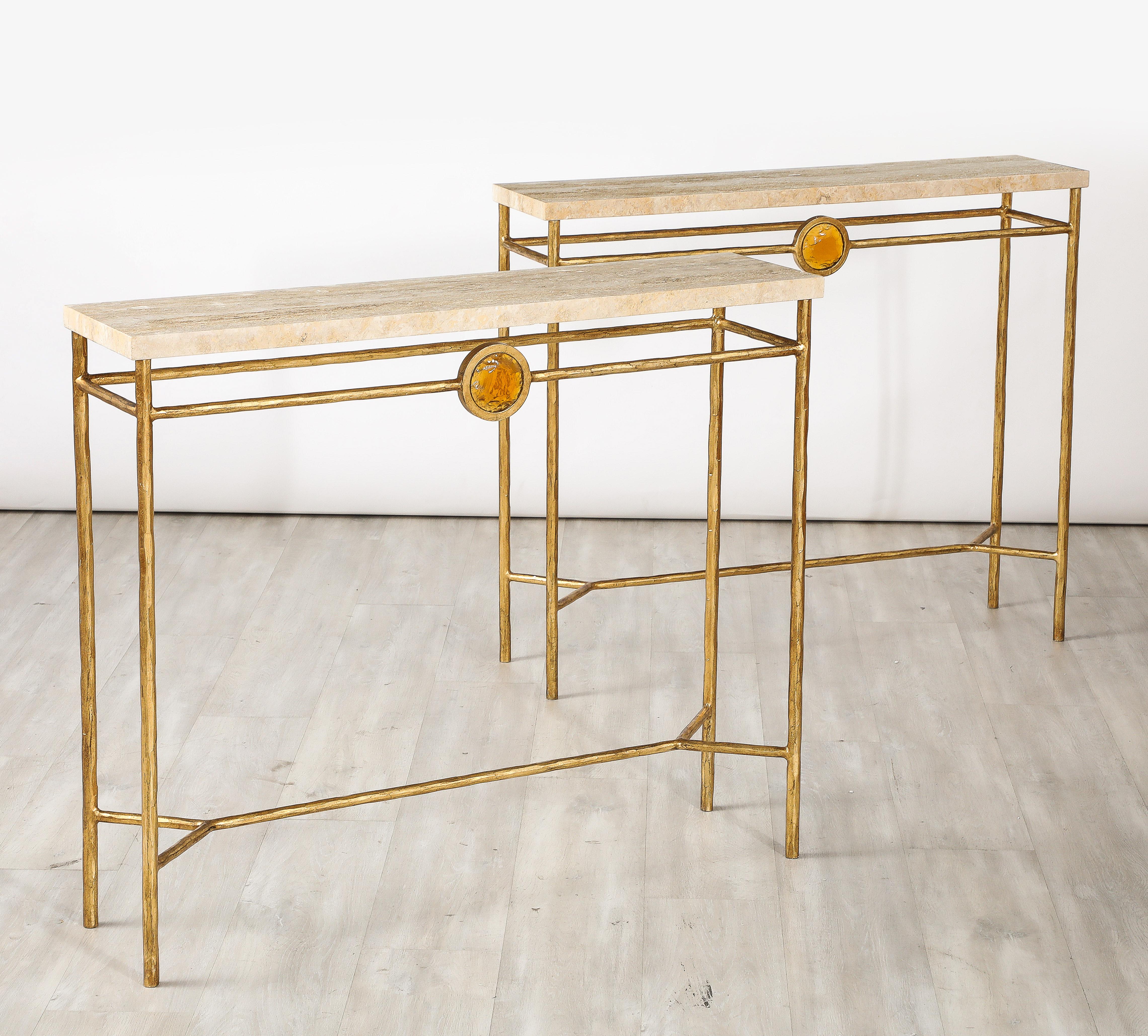 Pair of Italian 1970's Gilded Iron and Travertine Console Tables  For Sale 9