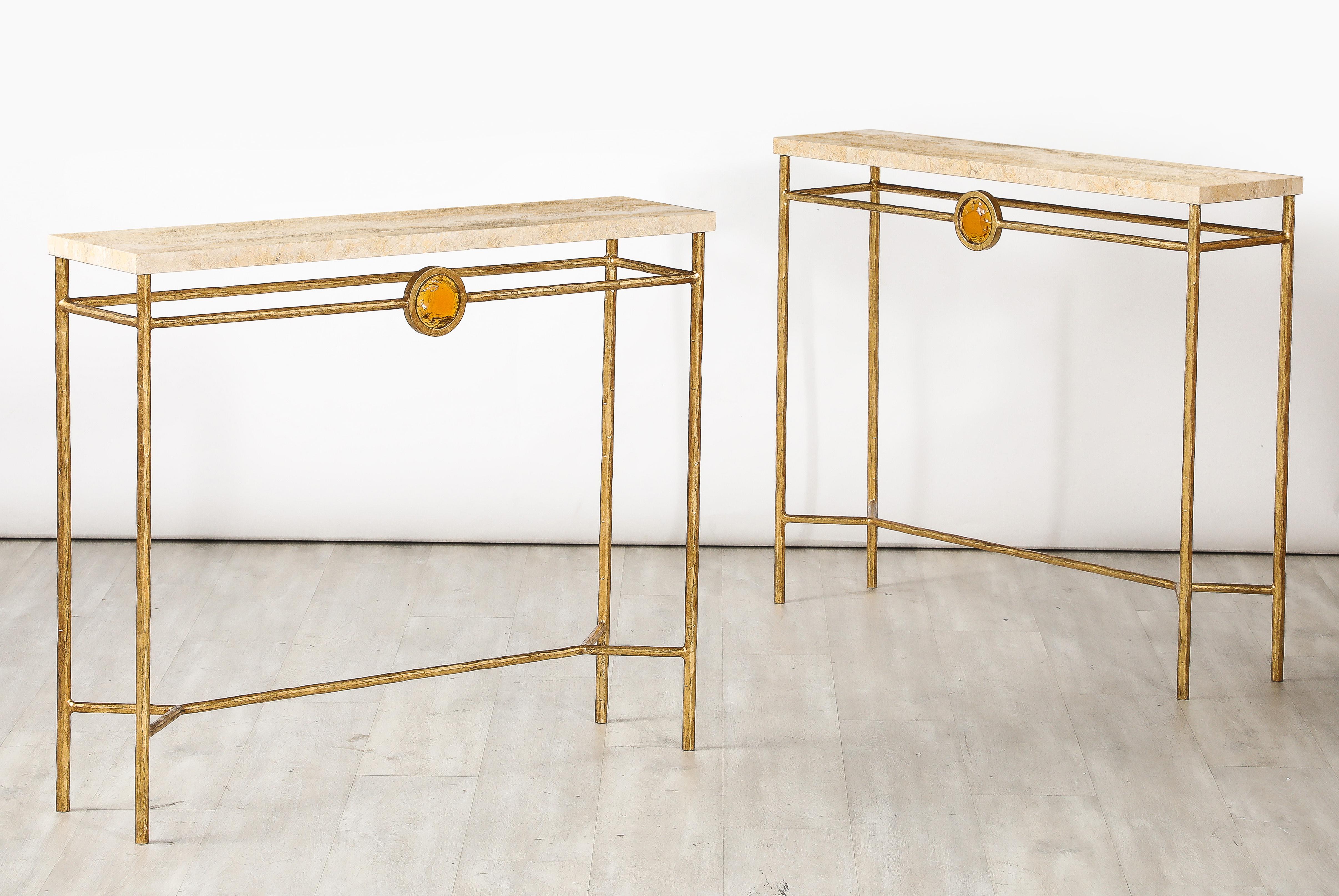 Pair of Italian 1970's Gilded Iron and Travertine Console Tables  For Sale 11