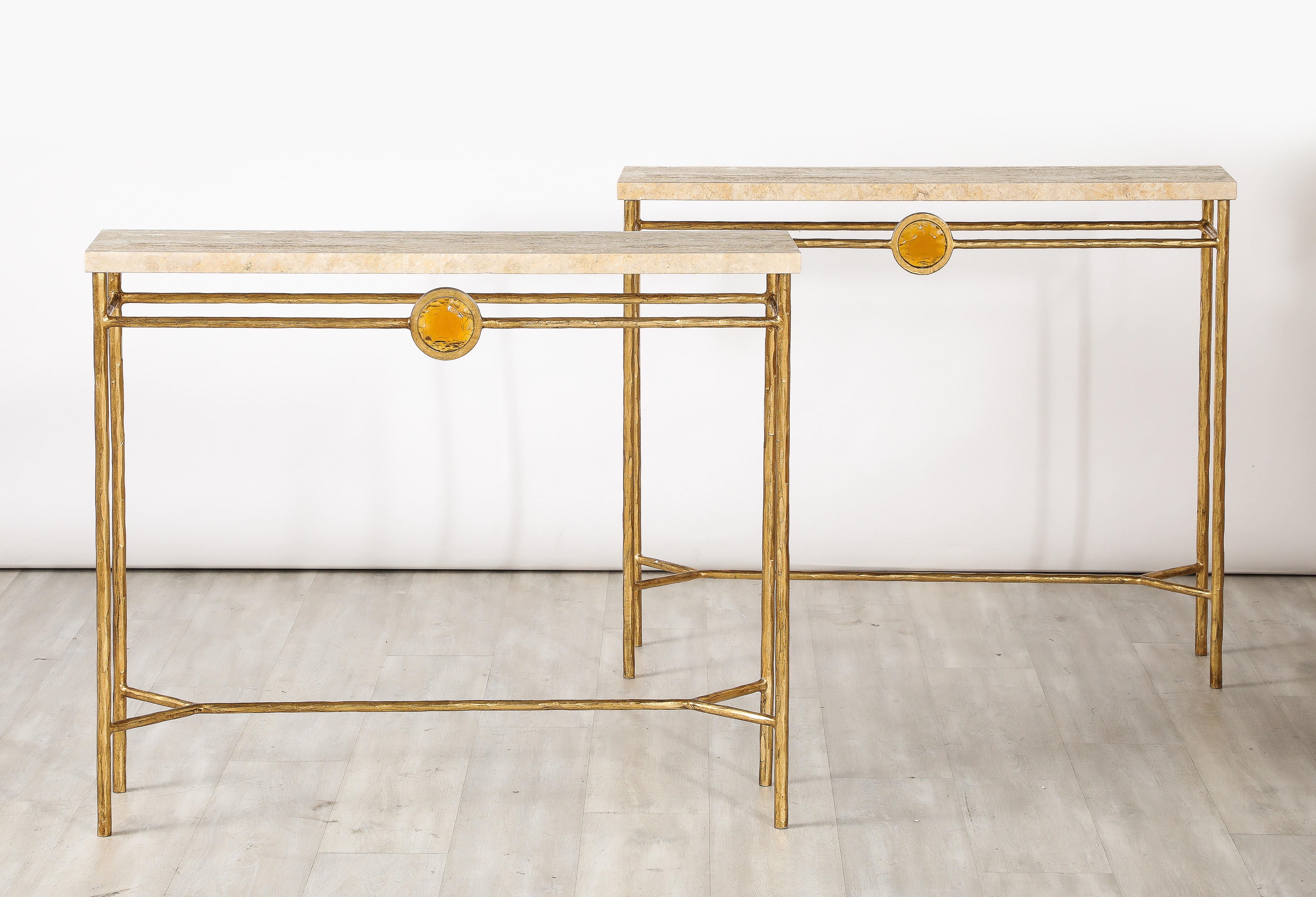 Pair of Italian 1970's Gilded Iron and Travertine Console Tables  For Sale 12