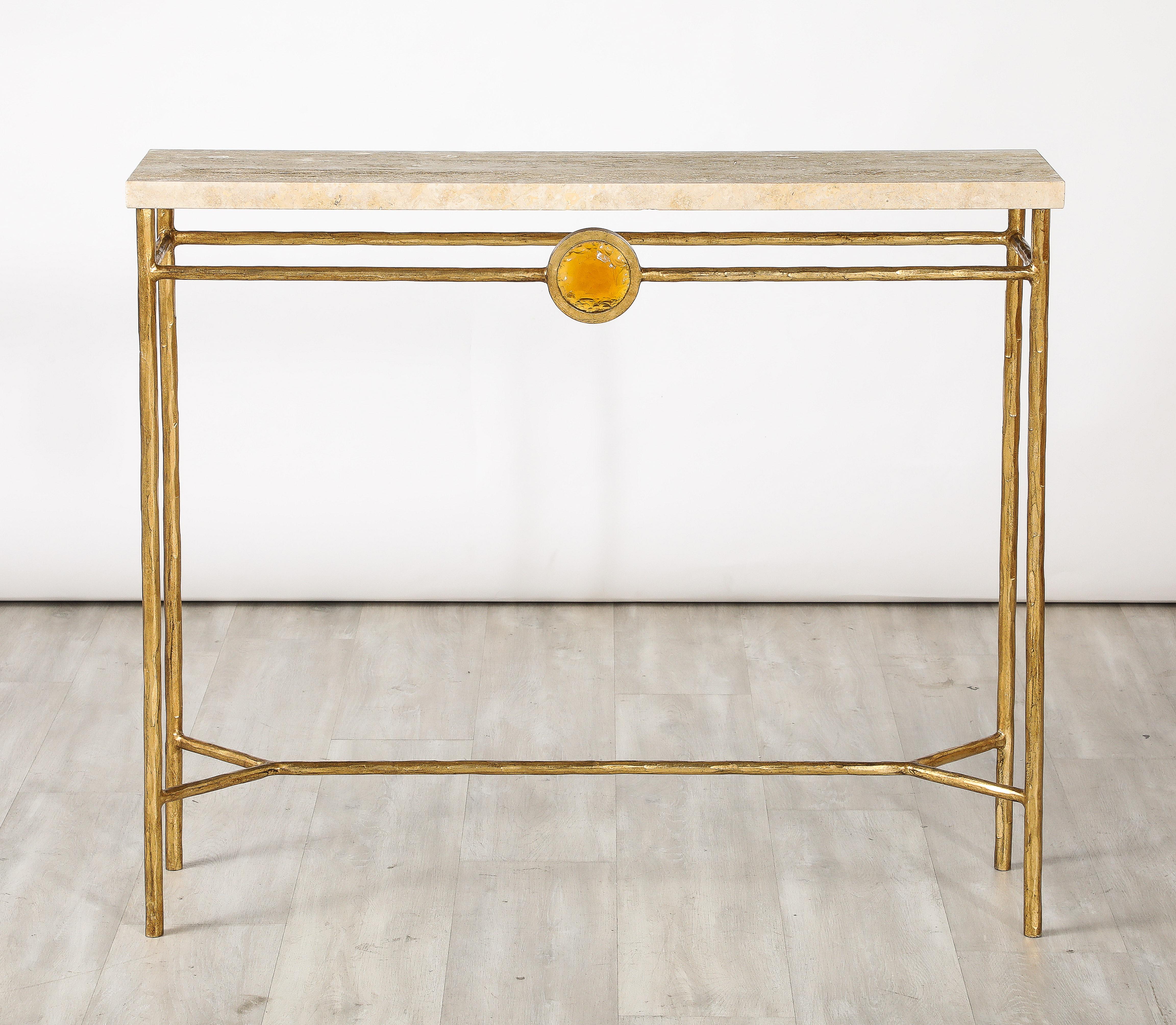 Pair of Italian 1970's Gilded Iron and Travertine Console Tables  For Sale 13