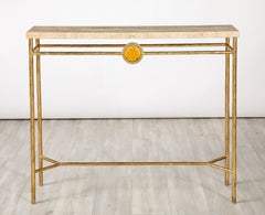 Italian 1970's Gilded Iron and Travertine Console Table