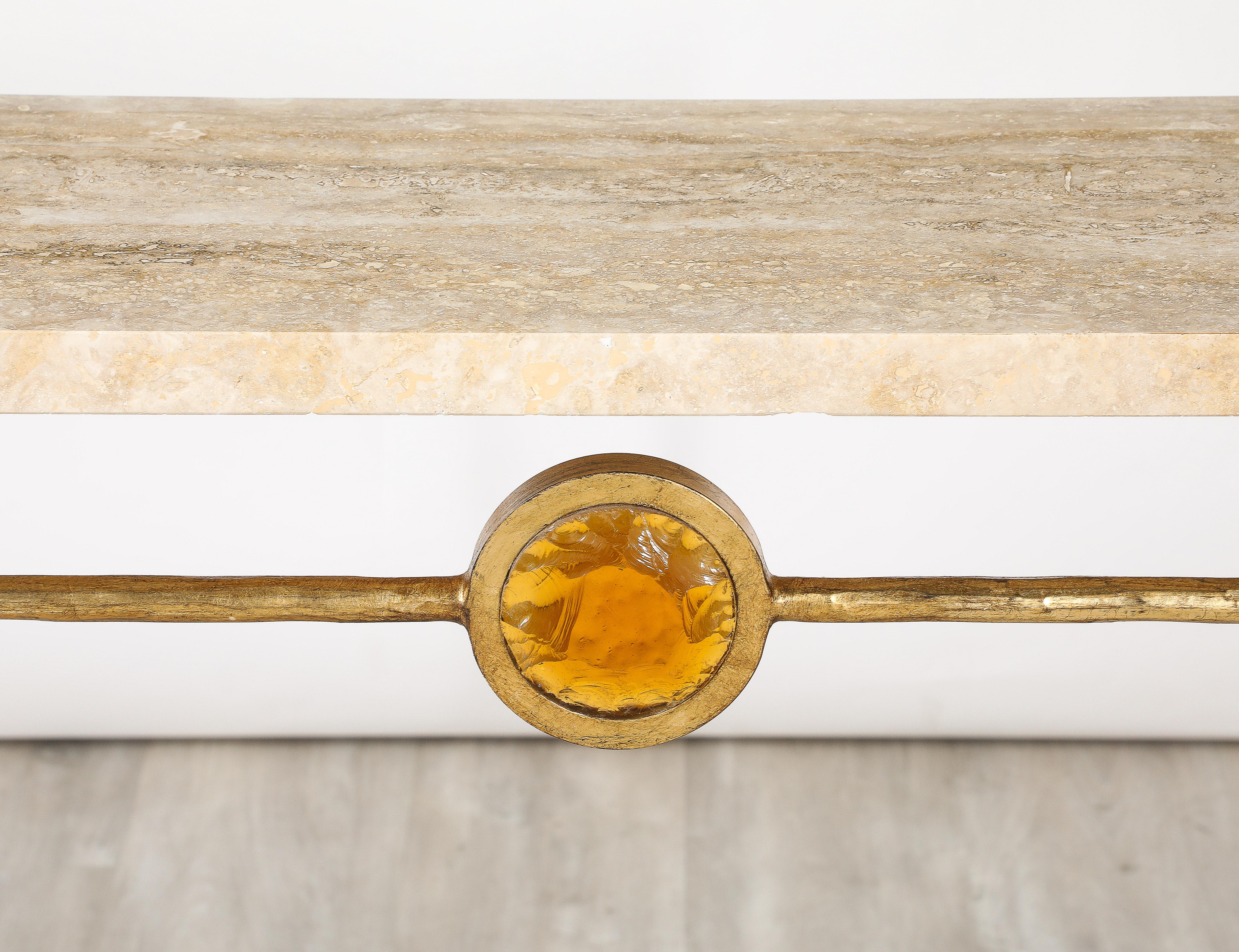 Pair of Italian 1970's Gilded Iron and Travertine Console Tables  For Sale 14